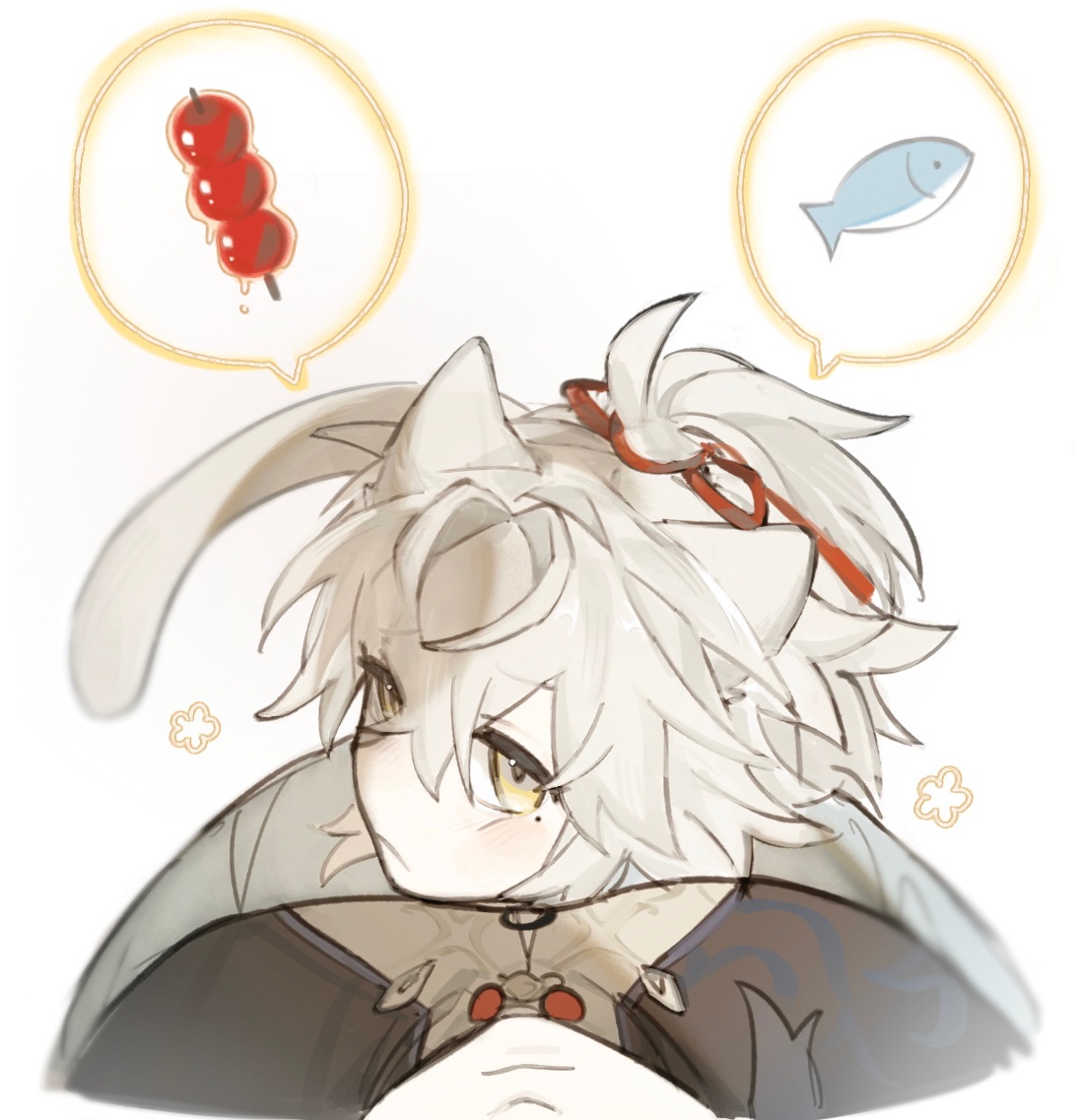 a drawing of an anime character. the character is a tanuki who has white fur with cat ears and a red ribbon. the character has a kimono on and is thinking of food, a fish and a candy. there are thought bubbles above the character's head.