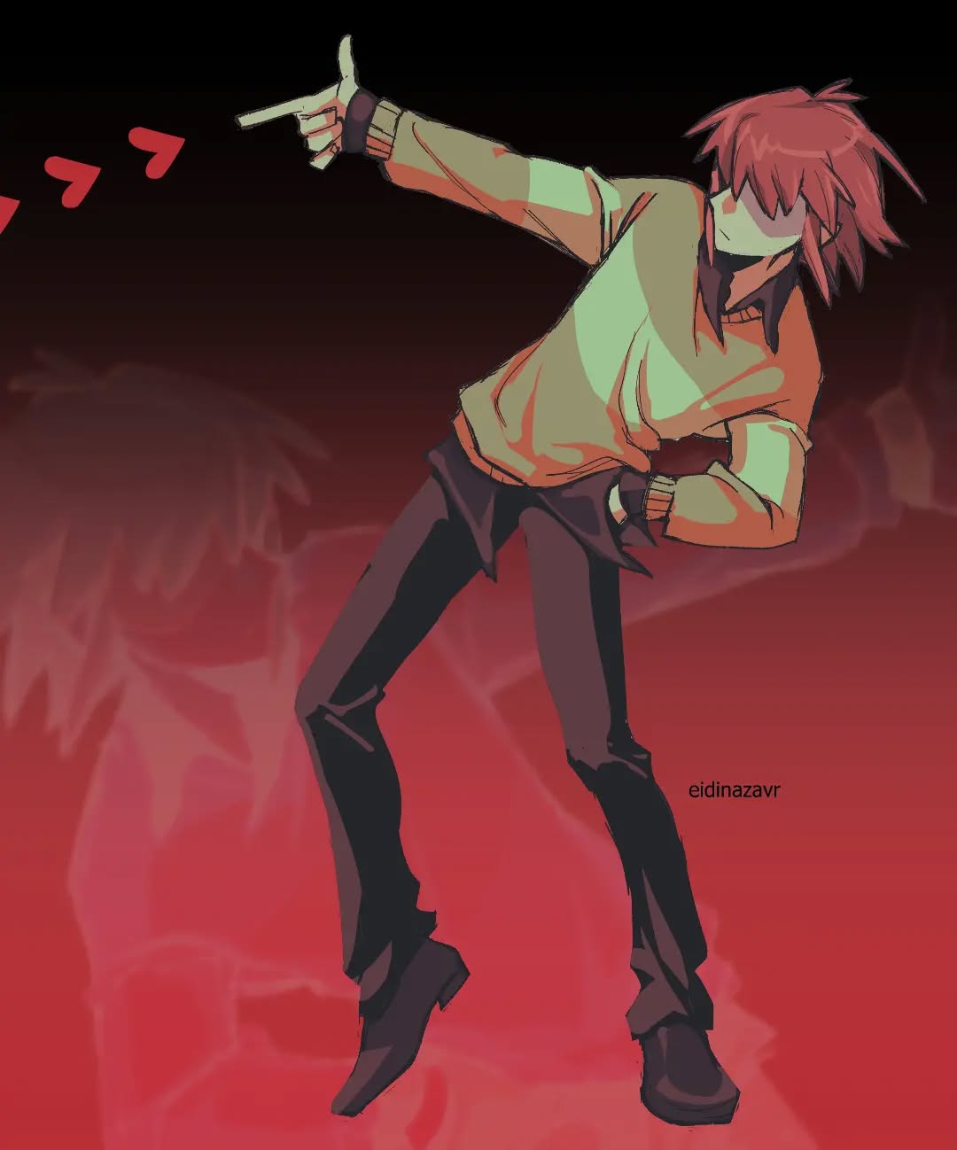 the image is a digital illustration of an animestyle young man with red hair. he is depicted in a dynamic pose, seemingly middance move. he is wearing a light beige sweater and dark pants, and his overall style is casual but stylish. the background is a deep red hue, with blurred figures that seem to be part of the background or perhaps other people. the artist's signature, "eidinazavrr," is visible in the bottomright corner. the overall aesthetic is energetic and visually striking, suggestive of a stylized music video or animation.  the three red arrows in the upper left suggest directional movement.