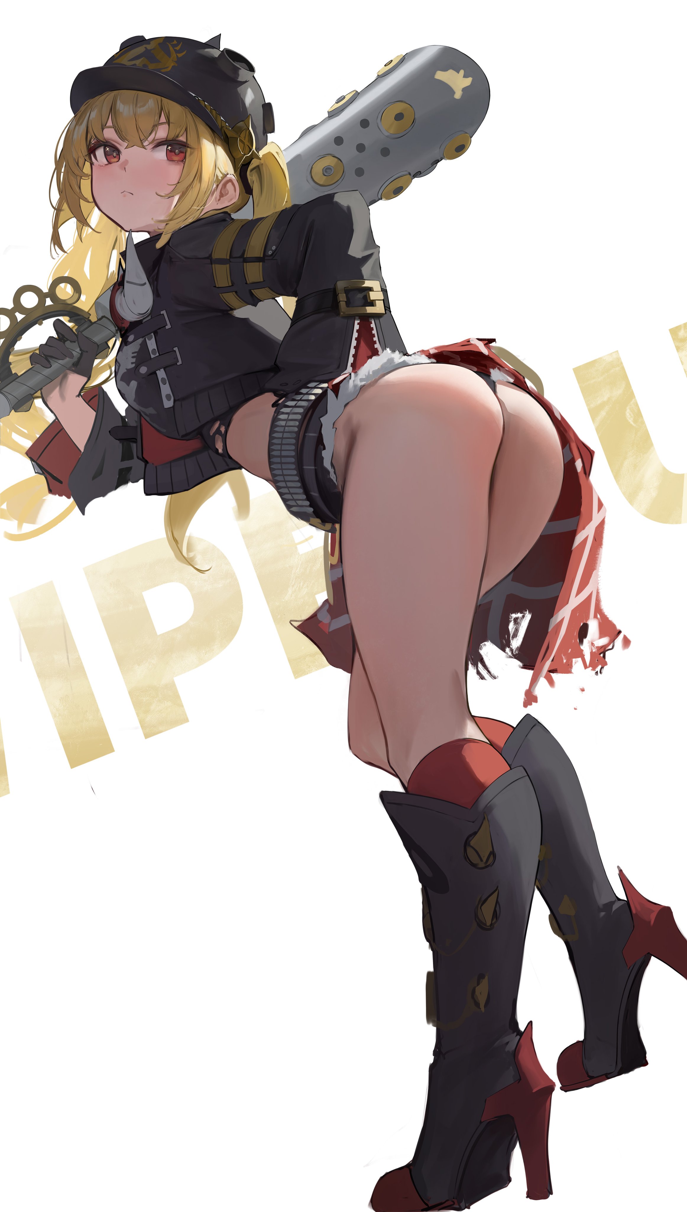 the image is a digital illustration of an animestyle female character. she has long blonde hair styled in a ponytail, and is wearing a black jacket, a short plaid skirt, highheeled boots, and a cap with goggles. she is holding a large baseball batlike weapon. the character is posed in a dynamic stance with her back slightly turned towards the viewer, showcasing her physique. the art style is detailed and vibrant, with a focus on the character's attire and posture. the background is simple and white, with some golden text that seems to be part of the design. the overall impression is one of action and energy, typical of anime character designs.
