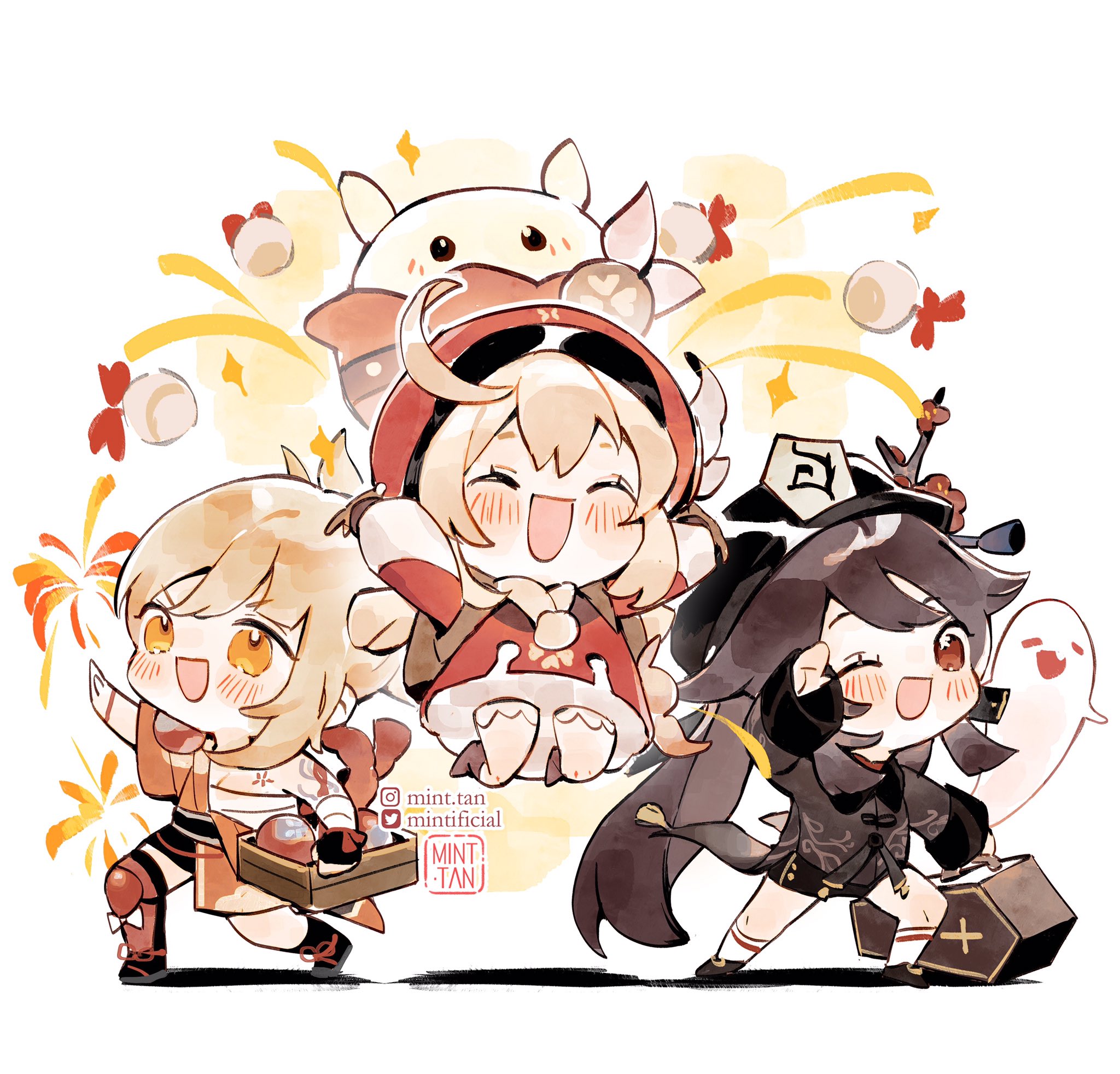 this image is a digital illustration of three chibi anime characters from the game "genshin impact". they are all smiling and happy, and are surrounded by fireworks. the character in the center is a redhaired girl with a red hood, and the two characters on the sides are a blondehaired girl and a blackhaired girl.
