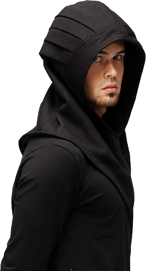 a young man in a black hooded sweater. the hood is up and covering his head. he's dressed casually. he's looking towards the camera. his expression is cool and stylish. the photo is taken close up, focusing on the man's head and shoulders. he's wearing a casual outfit. he's looking stylish and confident.
