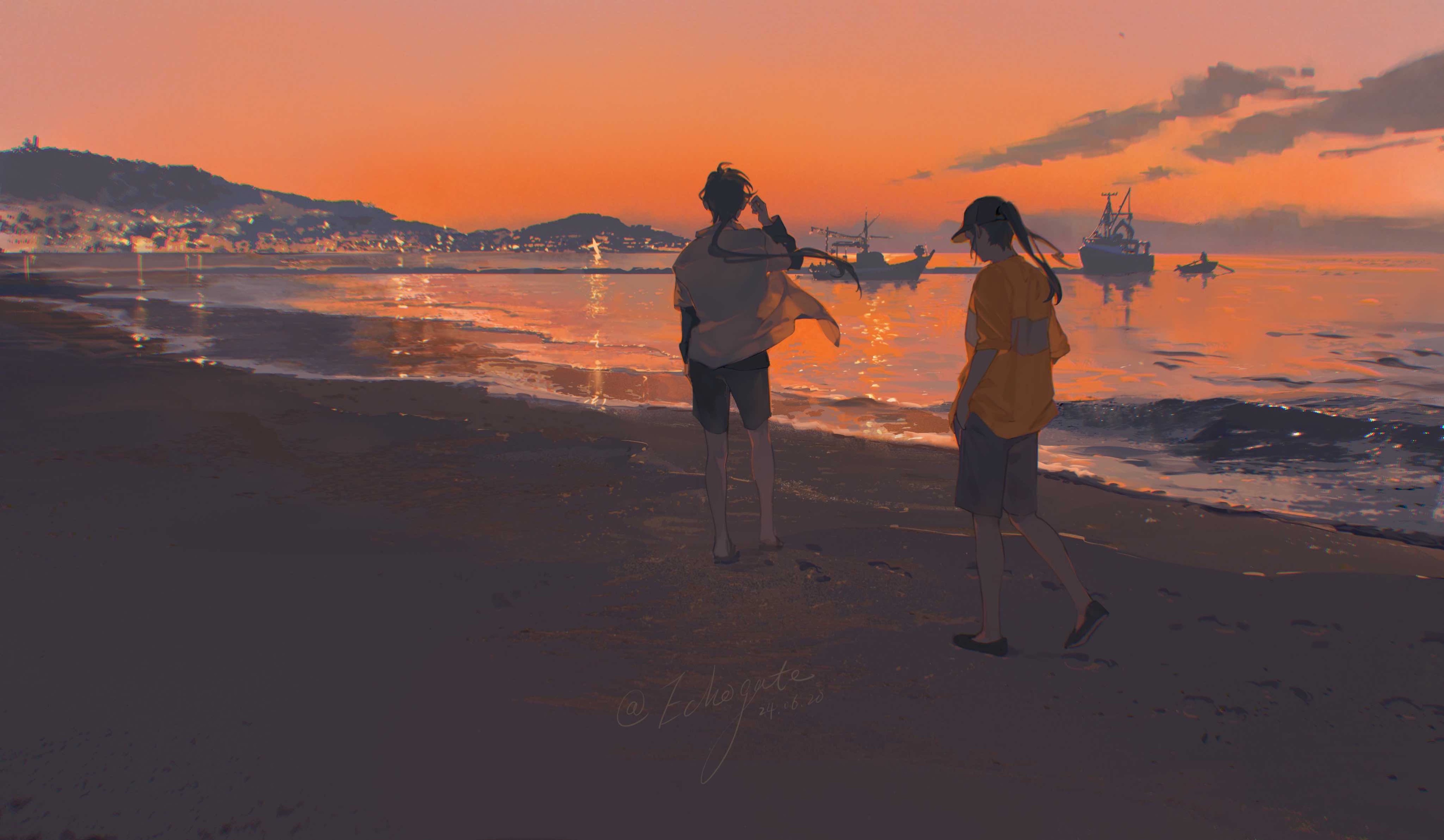 two people are walking on a beach at sunset. the sun has already set, casting a warm orange glow over the scene. the ocean is calm and reflects the colors of the sky. there are boats in the distance and a city is visible on the horizon.