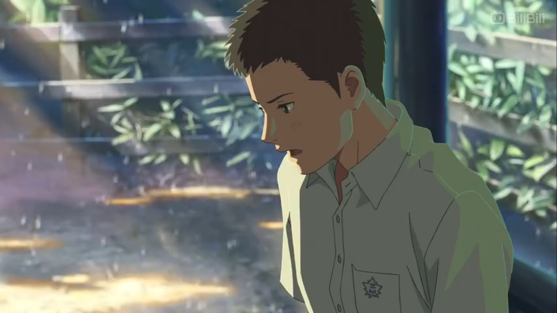 a young, animated man stands on a covered porch, peering out at the rain.  sunlight filters through the leaves of a plant visible through the window behind him. he wears a light green, shortsleeved, collared shirt and his expression suggests concern or worry as he watches the rain. the image's color palette consists mostly of muted greens and browns.