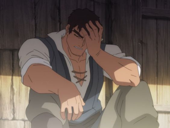 a cartoon man with short brown hair and a muscular build sits in a barn while wearing a blue vest and light pants. he has his right hand on his face and is looking down. his expression and body language suggest he is upset or distraught. the background consists of brown wooden planks.