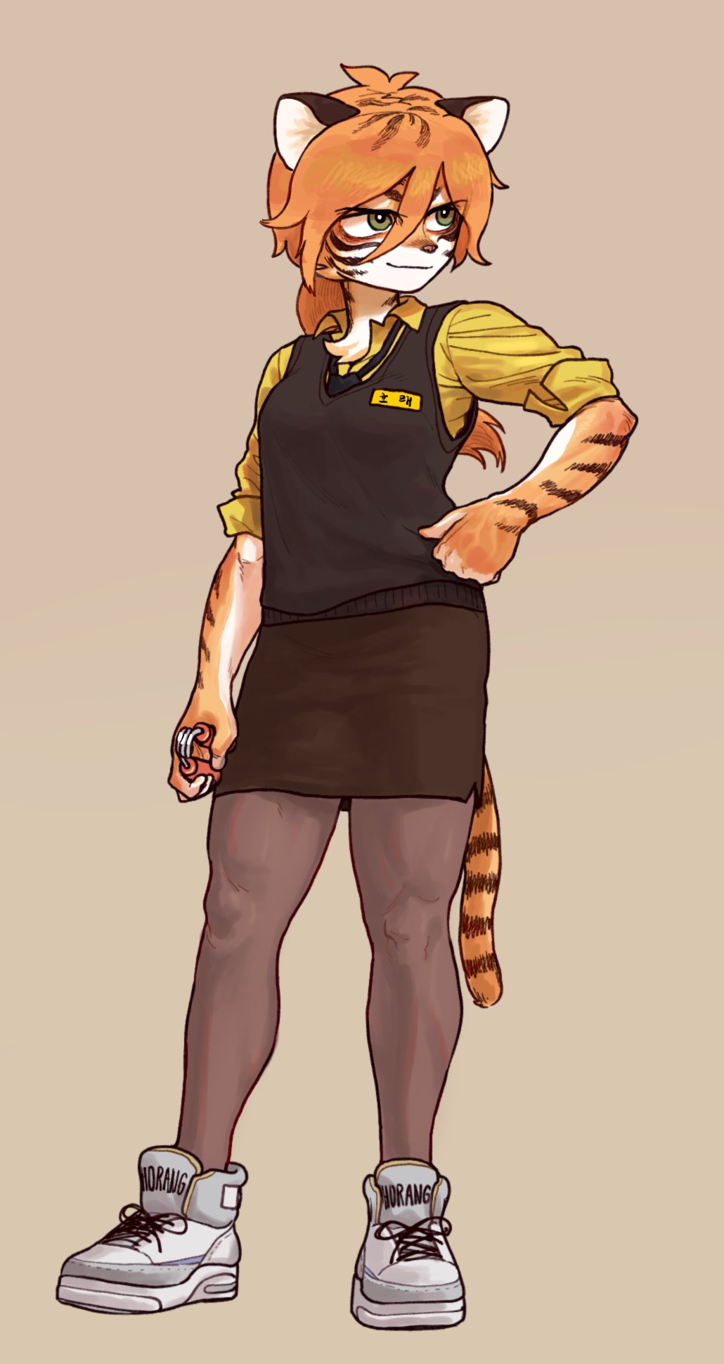 a furry anime girl with tigerlike features wears a school uniform, with a vest over a yellow collared shirt, and a short black skirt. she has black tights on and is wearing white sneakers with the word "orang" written on the sides. she has a striped orange and black tail, cat ears, and orange hair. she stands with her hand on her hip and looks to her left.