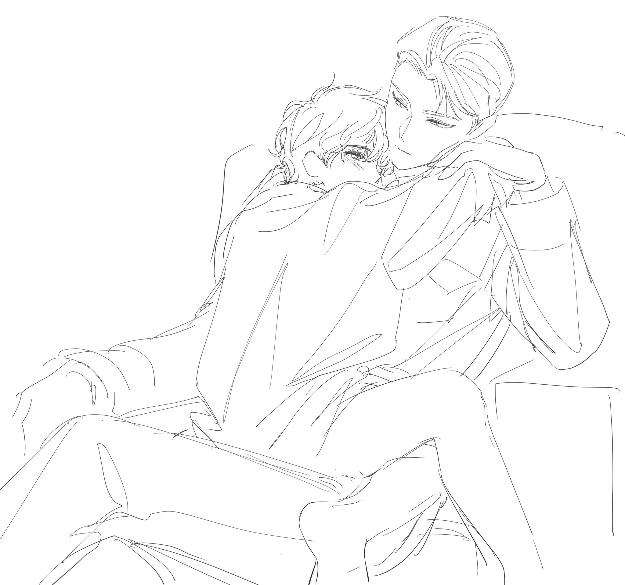 a simple line drawing of a couple hugging each other. the man is sitting with his arms around the woman. the woman is leaning into his embrace with her head resting on his shoulder. they appear to be very close and comfortable with each other. they are likely a romantic couple, and the image suggests a loving and caring relationship.