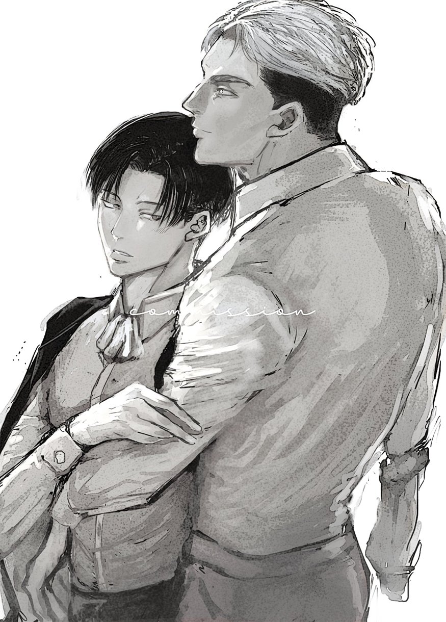 this is a black and white illustration of two anime men.  the man in the back has short white hair and