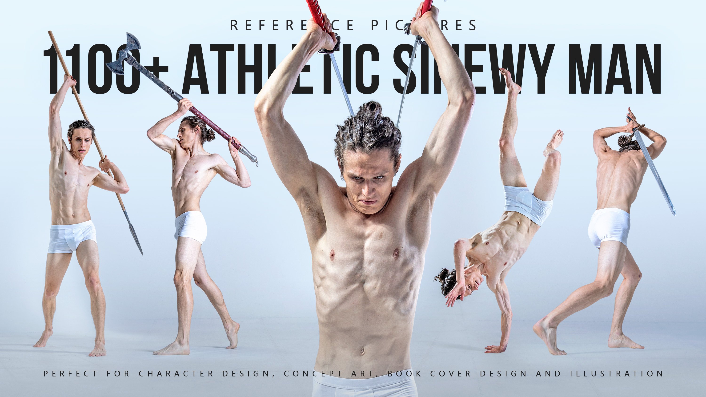 the image shows a collection of poses for a muscular male figure.  there are several poses depicted, including: a man standing holding a spear, a man standing with his arms raised above his head holding a sword, a man doing a back handspring with his legs in the air and his arms at his side, and a man standing with his back to the camera holding a sword in his right hand. the image appears to be intended as a reference for artists who want to draw or paint male figures.