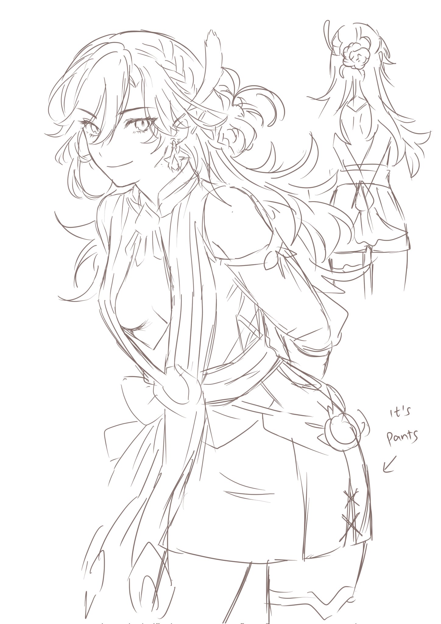 this is a drawing of two anime girls. the one in the foreground is wearing a longsleeved dress with a skirt and pants. the other girl, in the background, is wearing a longsleeved shirt and a skirt.  both girls have long hair and appear to be standing with their arms at their sides. the drawing is done in a simple style with light lines.  the image is a sketch or rough drawing, but there is a caption near the bottom of the page that says "it's pants", presumably referring to the pants underneath the skirt of the girl in the foreground.