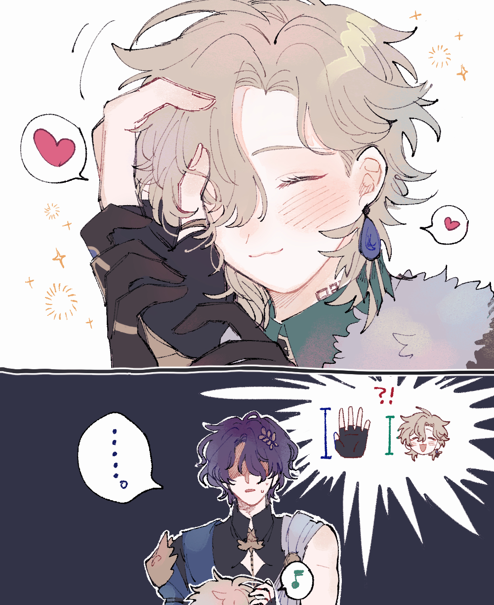 the image is a twopanel fanart depicting a scene from genshin impact featuring albedo and scaramouche. the first panel shows albedo affectionately hugging scaramouche, who is blushing and has his eyes closed.  the second panel shows scaramouche reacting to something, possibly related to albedo's affection, with a surprised and slightly flustered expression. there are also small icons in the second panel, showing a hand gesture and two stylized faces, suggesting a continuation of the story.  the style of the art is soft, cute, and expressive, with a focus on character emotions and relationships.