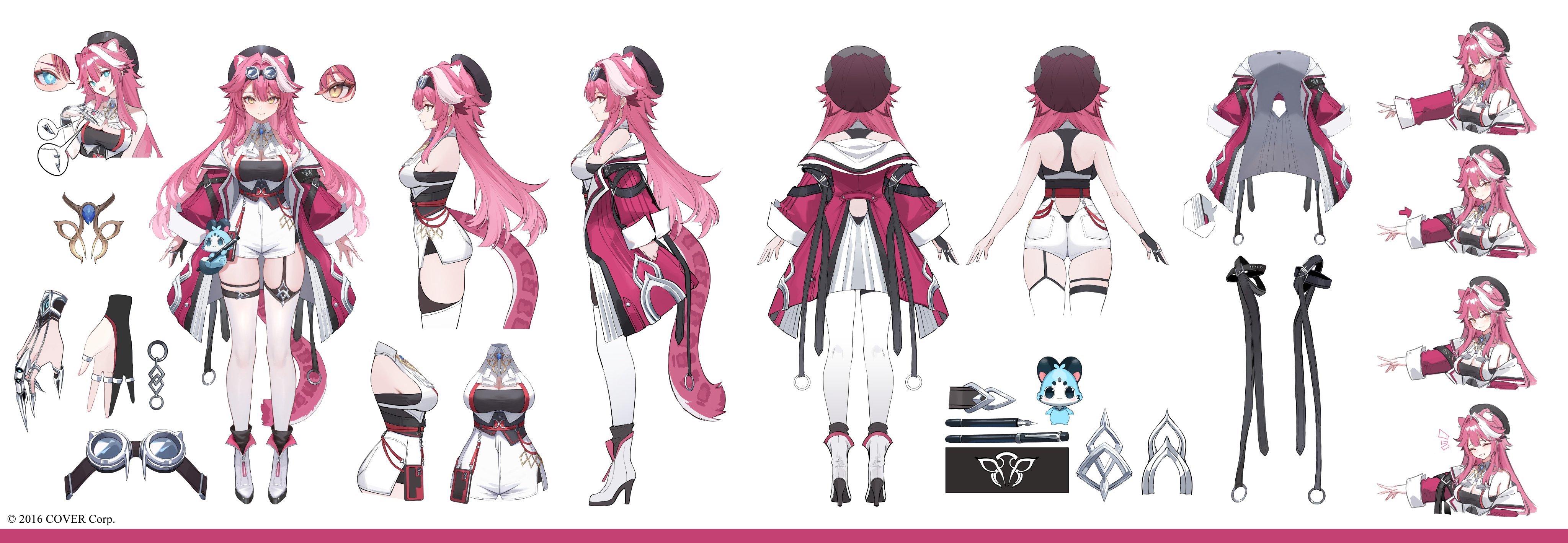 this image is a concept art sheet for a female video game character. she has long pink hair, pale skin, and is dressed in a pink and white outfit with thighhigh boots. the sheet shows her from multiple angles, with and without her accessories and weapon. there are also closeups of her accessories and weapon.  the style is reminiscent of anime and fantasy game character design.