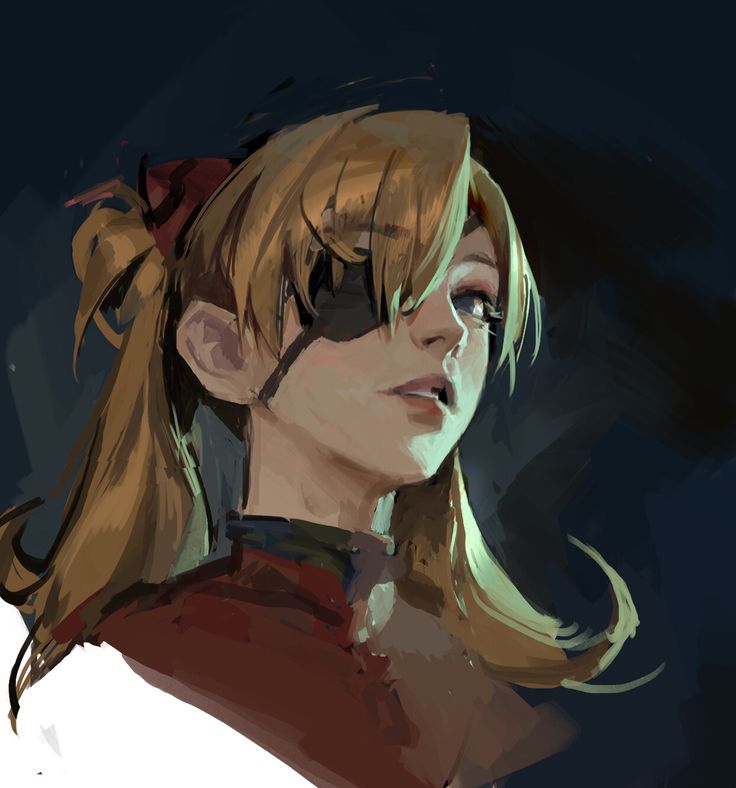 a digital painting of an anime girl with long blonde hair wearing a red and white outfit and a black eyepatch. the background is a dark blue color. the painting is in a stylized, cartoony style.