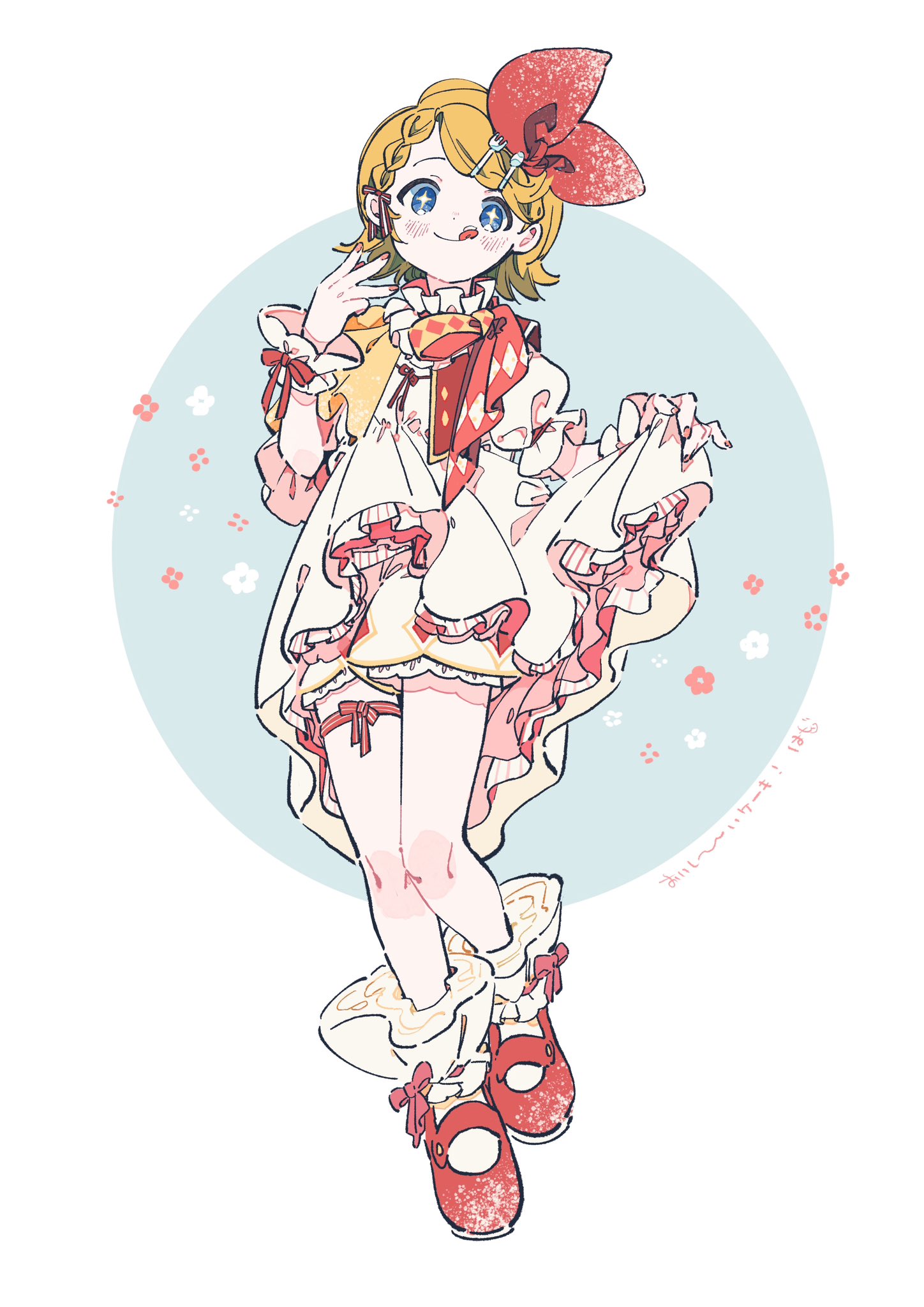 he image is a digital drawing of a cute animestyle girl. she has blonde hair styled in pigtails with a large red bow on top. she is wearing a frilly white and pink dress with red accents,  white socks, and red shoes with bows. the background is a pale blue circle with small pastel flowers scattered around. the overall style is light, pastel, and whimsical, conveying a sense of happiness and cuteness. the art style is reminiscent of chibi and kawaii aesthetics.