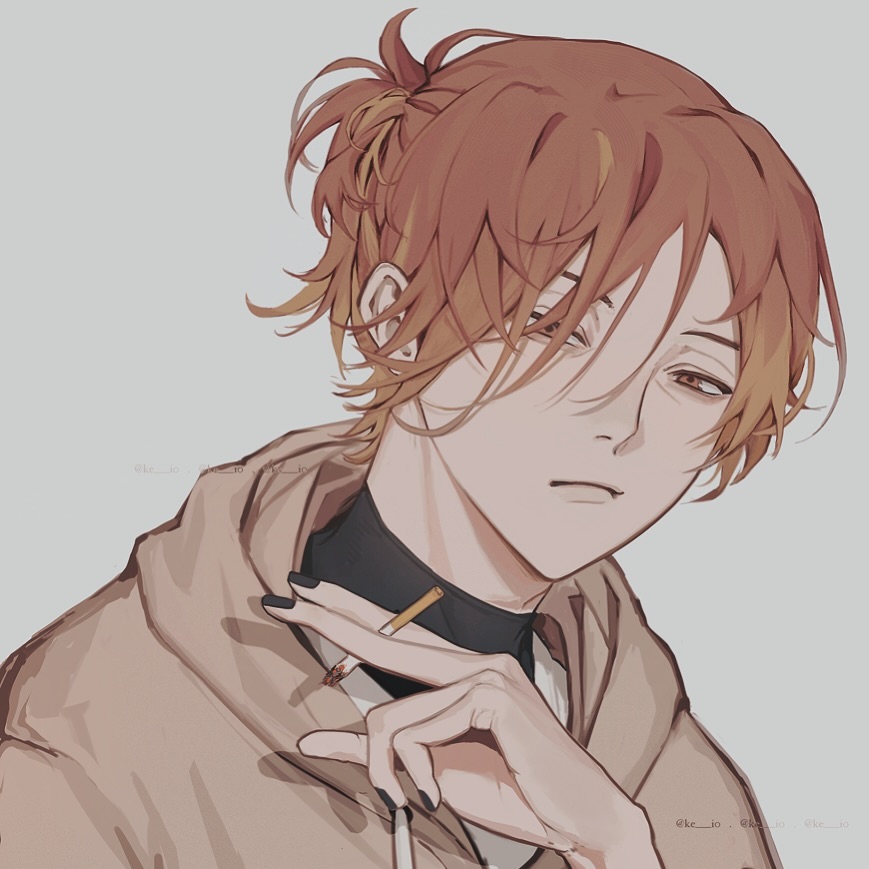 this is a digital drawing of a young anime boy. he has long, messy brown hair tied up into a bun with bangs and red hair peeking through. he is wearing a hooded jacket and has his hand to his chin as if in thought. the boy's face has a tired expression, and his eyes are closed. he is holding a cigarette in the fingers of his other hand.