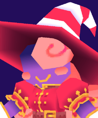 this is a closeup digital illustration of a female wizard avatar. she is wearing a large red and white hat, a red and gold tunic, and purple sleeves. her face is pink and stylized, with a single eye visible and a small smile. the lighting is bright and artificial, suggesting a studio environment. the image is cropped tightly, focusing on the character's upper body.