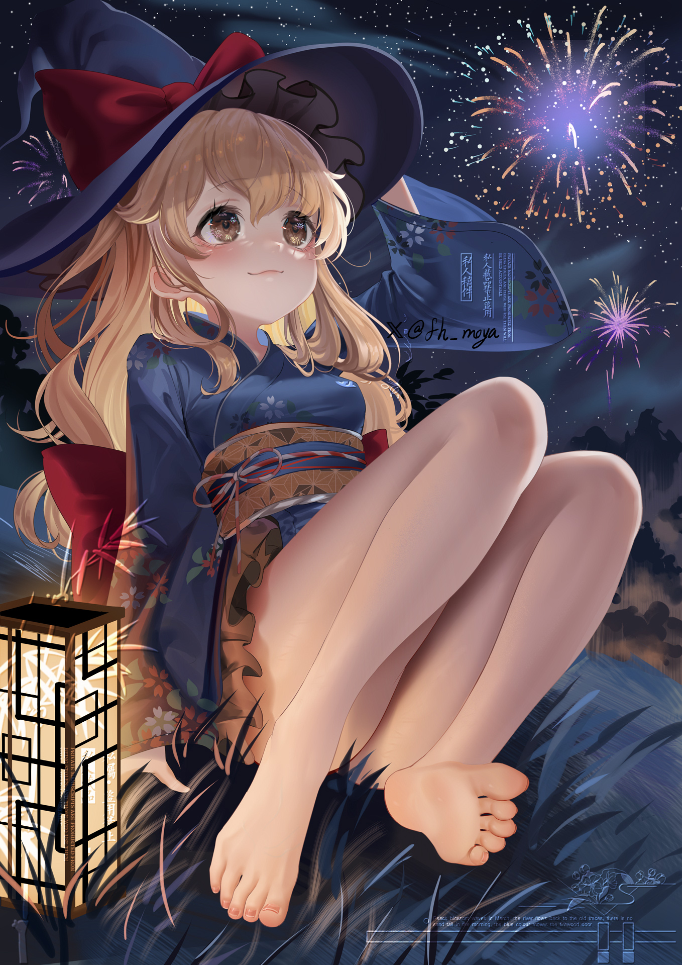 the artwork depicts a cute anime girl with long blonde hair, wearing a dark blue kimonostyle dress and a large witch's hat with a red ribbon. she is barefoot and sitting on grass, gazing at a fireworks display in the night sky. a traditional japanesestyle lantern illuminates the scene partially. the overall style is soft and painterly, creating a peaceful and magical atmosphere, suggestive of a summer festival. the artist's signature, fh_moya, is visible.