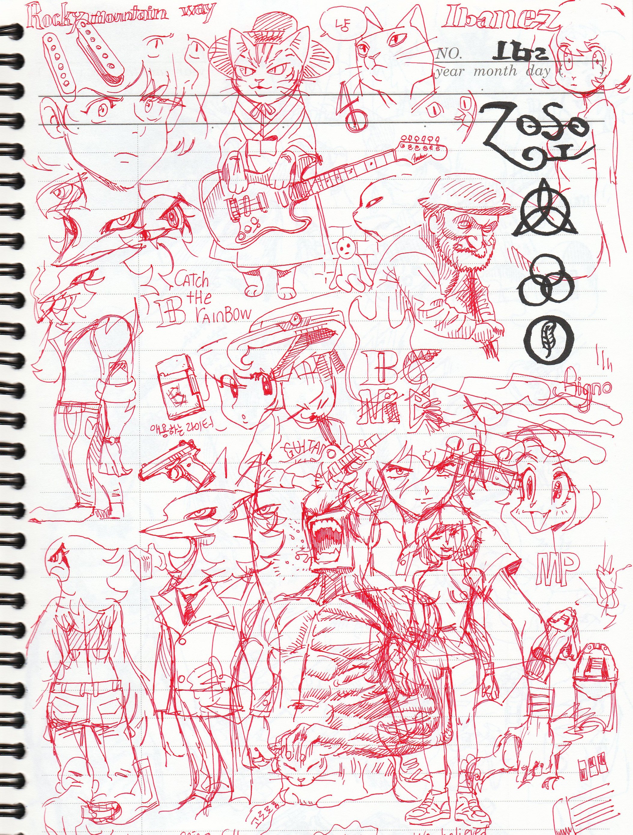 this image is a handdrawn doodle filled with characters, cats, musical instruments, and words. the artwork is done in red ink, with a notebook grid in the background. some of the characters are playing guitars and some are wearing cat ears. the words in the drawing include "ibanez," "rockzumoutain," "catch the rainbow," and "mp." the image is a playful and energetic illustration full of character and personality.
