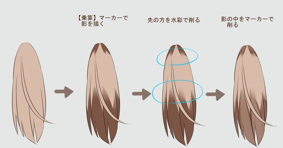 the image shows 4 steps on how to draw anime hair using markers. the steps show the process of adding shadows and highlights to the hair.