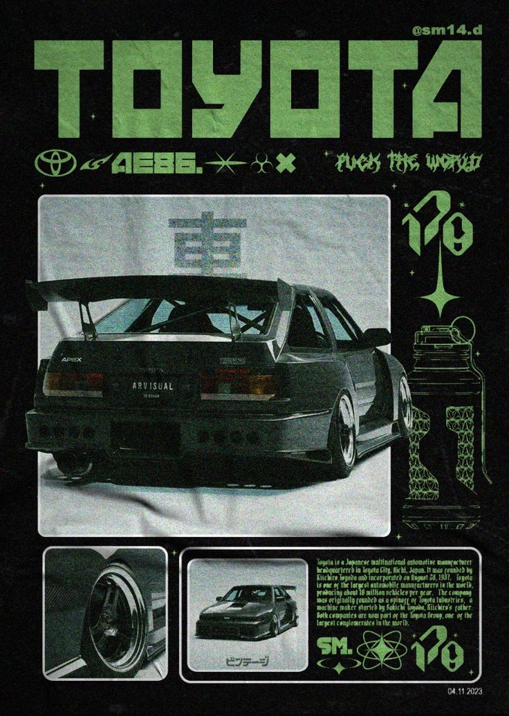 the image is a poster for a toyota ae86. the poster has a green and black color scheme. the car is featured in the center of the poster with a "車" character in the background, along with a visual of a bottle of liquid, and a 170 in a circle. it also features a design of a toyota ae86 in the lower left corner of the poster with a caption "ビンテージ".  the poster is decorated with japanese characters. the text includes the following: "toyota ae86. fuck this world," "arvisual," "ビンテージ," and "170".