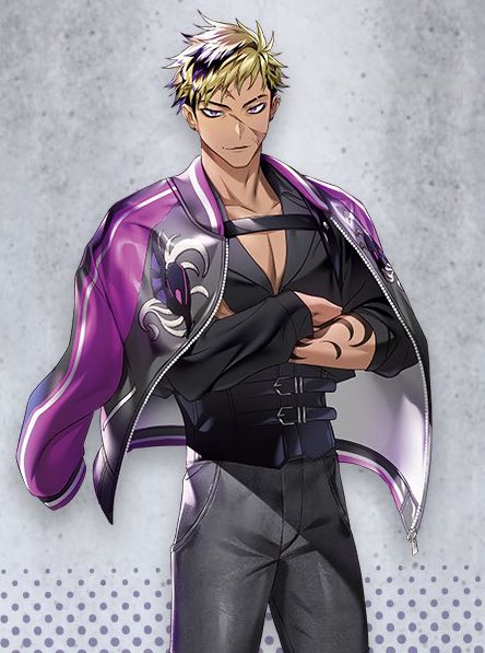 the image is a digital illustration of a male anime character. he is wearing a purple jacket with a white design on the left side, black pants with a silver belt, and black shoes. he has blonde hair with a purple streak, and his eyes are blue with a purple hue. he is standing with his arms crossed and has a serious expression on his face. he also has a tattoo on his left wrist.  the background is a gray and purple pattern.