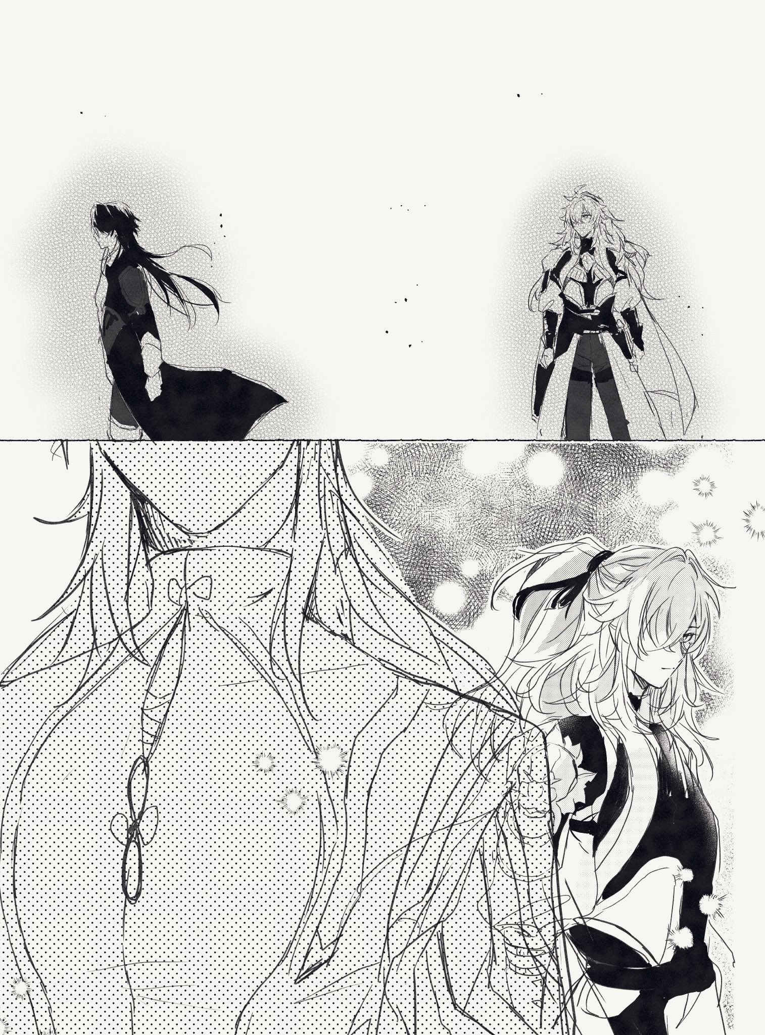 a black and white illustration of three anime characters.  the character on the left is a male with long dark hair that is slightly turned away from the view. the character on the right is a female with long, white hair and large wings. she is looking at the viewer. between the two of them is a large, white haired female. all of the characters are dressed in ornate, detailed clothing.