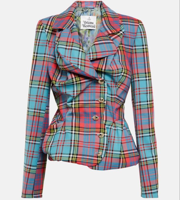 a plaid vivienne westwood blazer with blue, red, and yellow stripes. the blazer has a unique ruffled design around the collar and buttons down the front. the garment has an asymmetric hem.