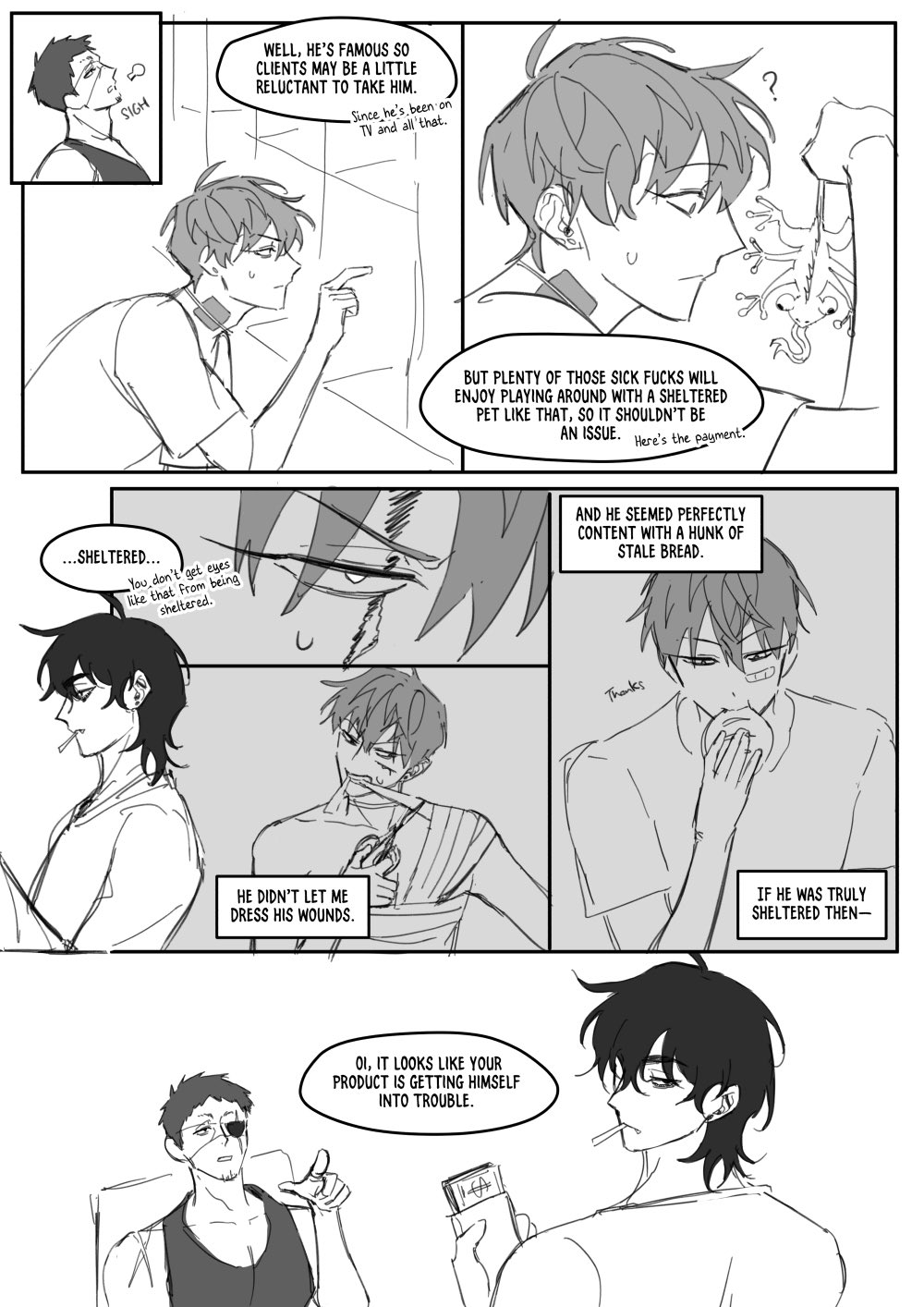 this is a comic strip with a panel format. there are six panels in the strip, all with black outlines, and some are in greyscale. the panels are filled with illustrations and some text in speech bubbles.