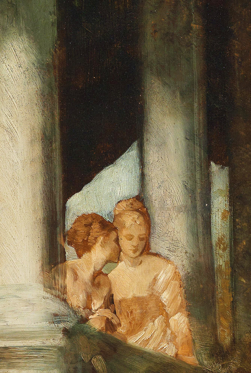 this is a painting of two women, seemingly whispering to one another. they are positioned between what appears to be columns or pillars, suggesting they may be indoors or within an architectural structure. the lighting is soft and diffused, contributing to the intimate mood. the women are the focal point of the composition, and their close proximity suggests a private moment.