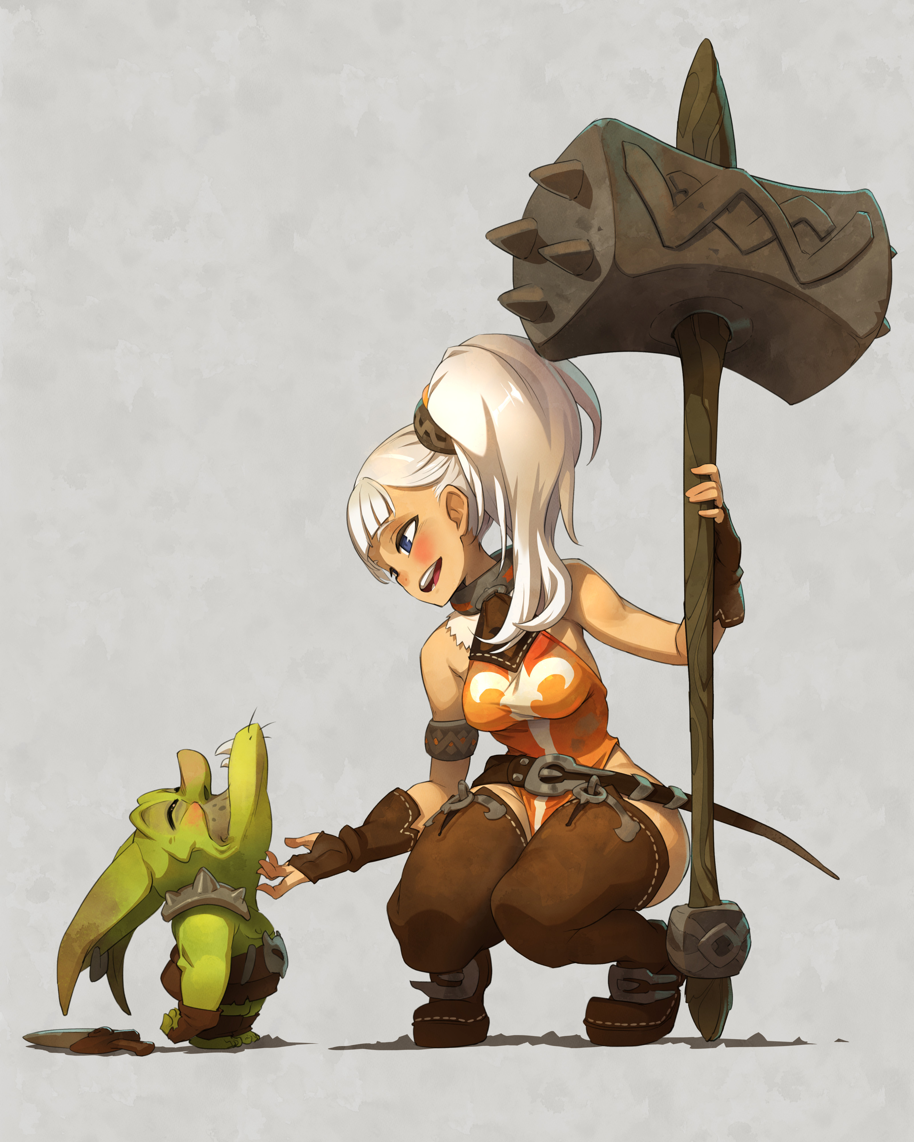 an anime styled illustration of a female warrior with white hair, holding a large war hammer over her shoulder,  she is crouching with one hand extended toward a small green monster with a toothy grin and large ears. they are both smiling, and the female warrior appears to be talking to the small monster. the background is a simple light grey.