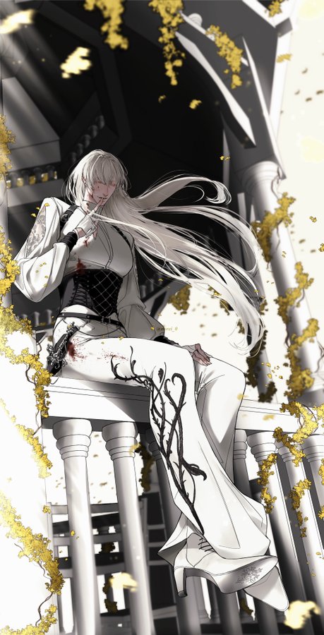 the image is a digital illustration or artwork featuring a stylized female anime/manga character. she possesses long, white hair and is dressed in an elegant, almost gothicstyle outfit consisting of a white ensemble with black details and ornate patterns. the clothing appears somewhat tattered, with blood stains visible, suggesting injury or a battle.  she sits on a balcony or railing supported by classicalstyle white pillars or columns, with golden vines or leaves falling around her, creating a dramatic and somewhat melancholic atmosphere. the background is mostly dark and shadowy, with the focus intensely on the character.  the overall style is detailed and combines elements of both fantasy and perhaps a dark, gothic aesthetic. the color palette is predominantly grayscale, with the gold leaves providing a stark contrast and visual interest.