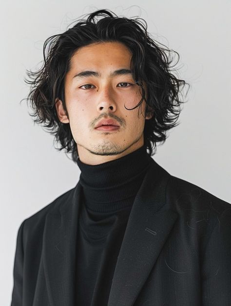 a portrait of an asian man wearing a black turtleneck and blazer. he has wavy black hair, a mustache, and a beard. the photo is taken in a studio.