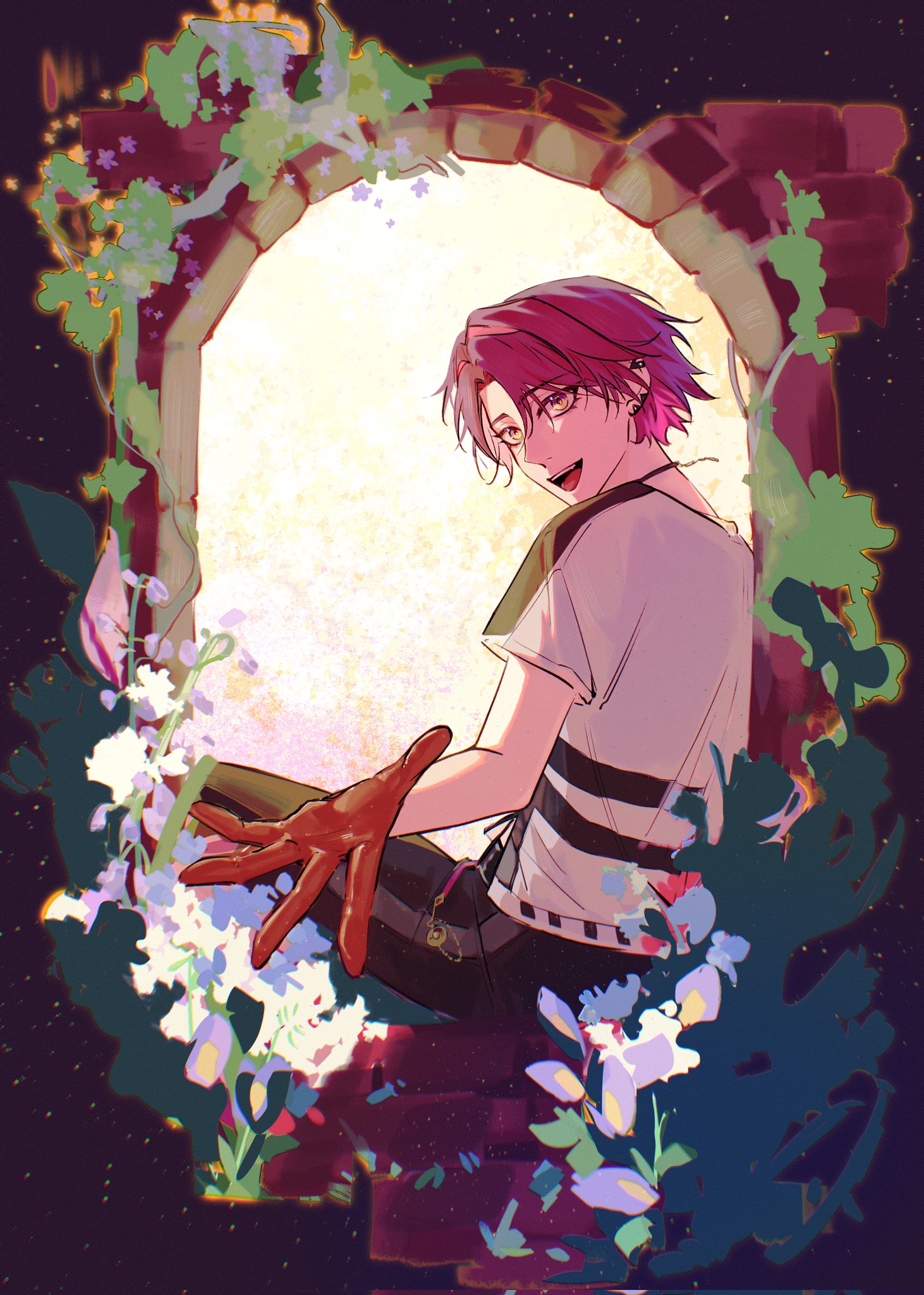 an anime boy with red hair and glasses smiles while looking over his shoulder at the viewer.  he is sitting in a window with a white shirt and black stripes and red gloves. vines and flowers surround the window. the night sky is filled with stars.