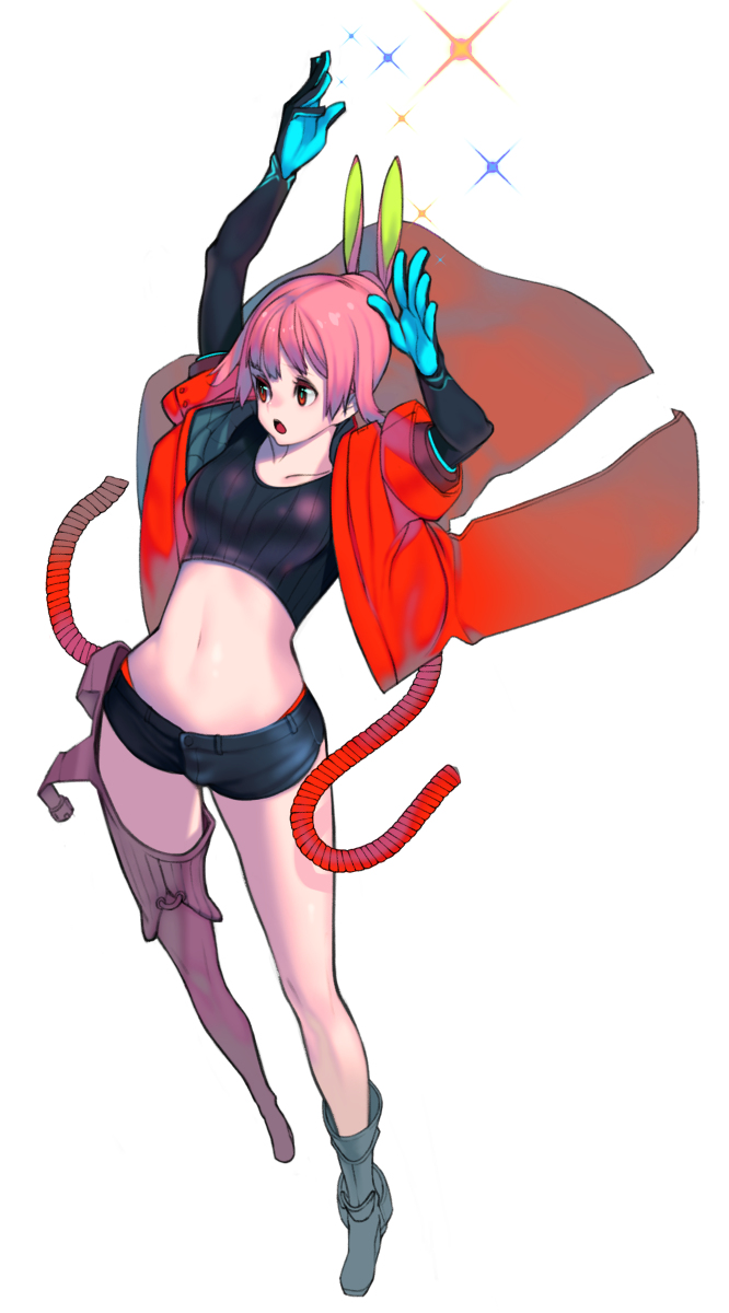 a young, animestyled girl with vibrant pink hair leaps through the air against a clean white background. she's dressed in a futuristic, somewhat cyberpunk outfit, featuring a black crop top and shorts, a red jacket with flowing elements, grey leggings on one leg, and blue and black gloves. her pose is dynamic and energetic, with her arms raised and fingers outstretched.  touches of vibrant green and blue on her gloves and hair accessories add pops of color.