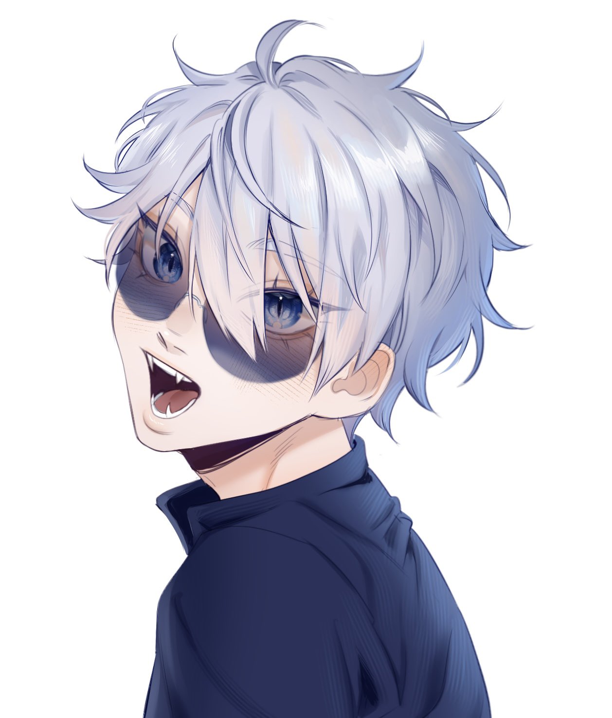 a digital illustration of an anime boy with white hair and blue eyes, he is wearing an eyepatch and a black shirt. he is smiling.