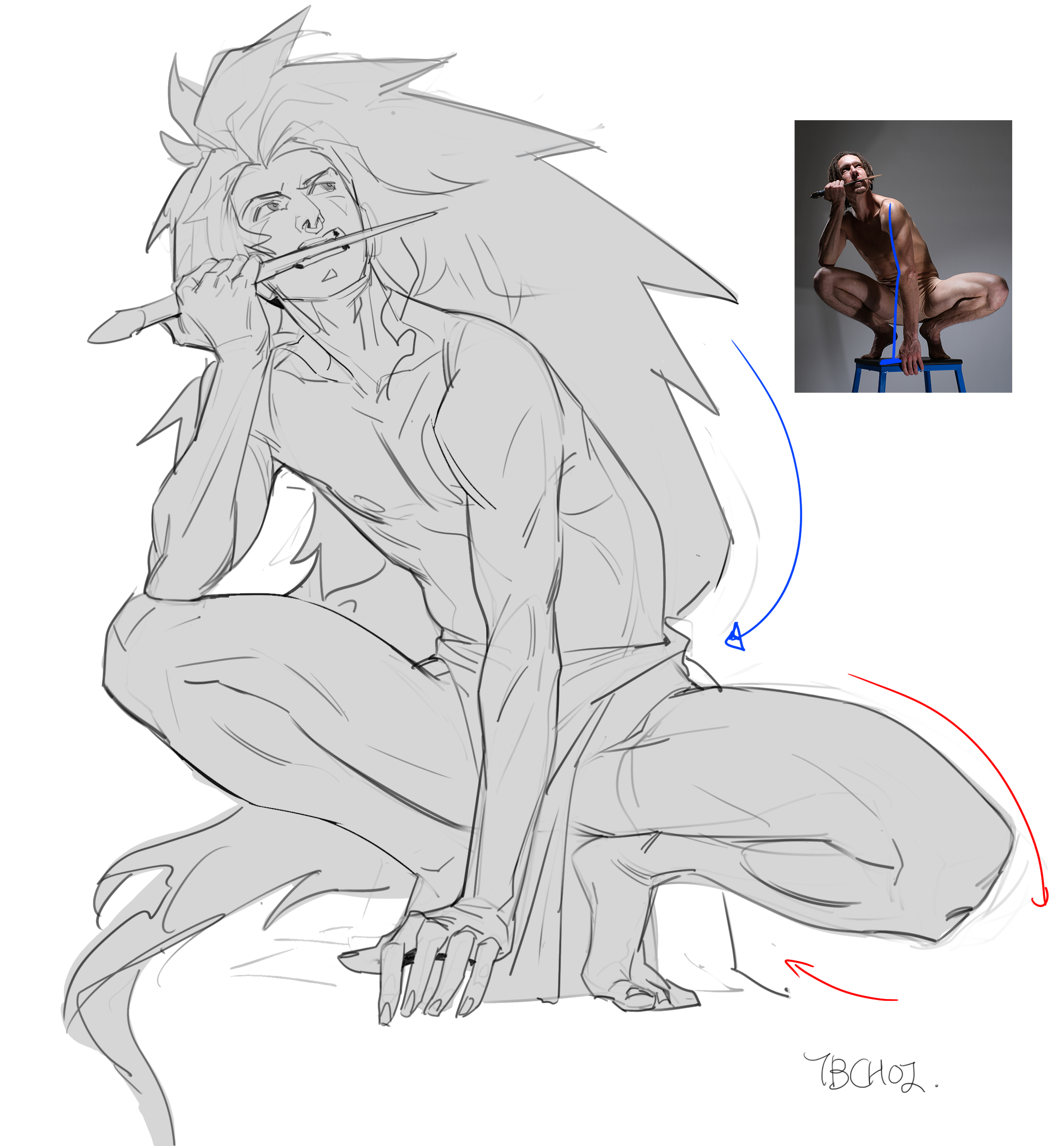 the image shows a digital sketch of a fantasy character, a muscular male with long hair, sitting in a dynamic, crouching pose. he holds a knife to his mouth.  a smaller reference image of a male model in a similar pose is included in the upper right corner, with blue and red arrows indicating how the artist used the reference to inform the character's posture and proportions. the style is loose and expressive, characteristic of concept art or preliminary character design work. the artist's signature, "tbchoj," is visible in the lower right corner. the overall tone is grayscale, with varying line weights creating depth and form.