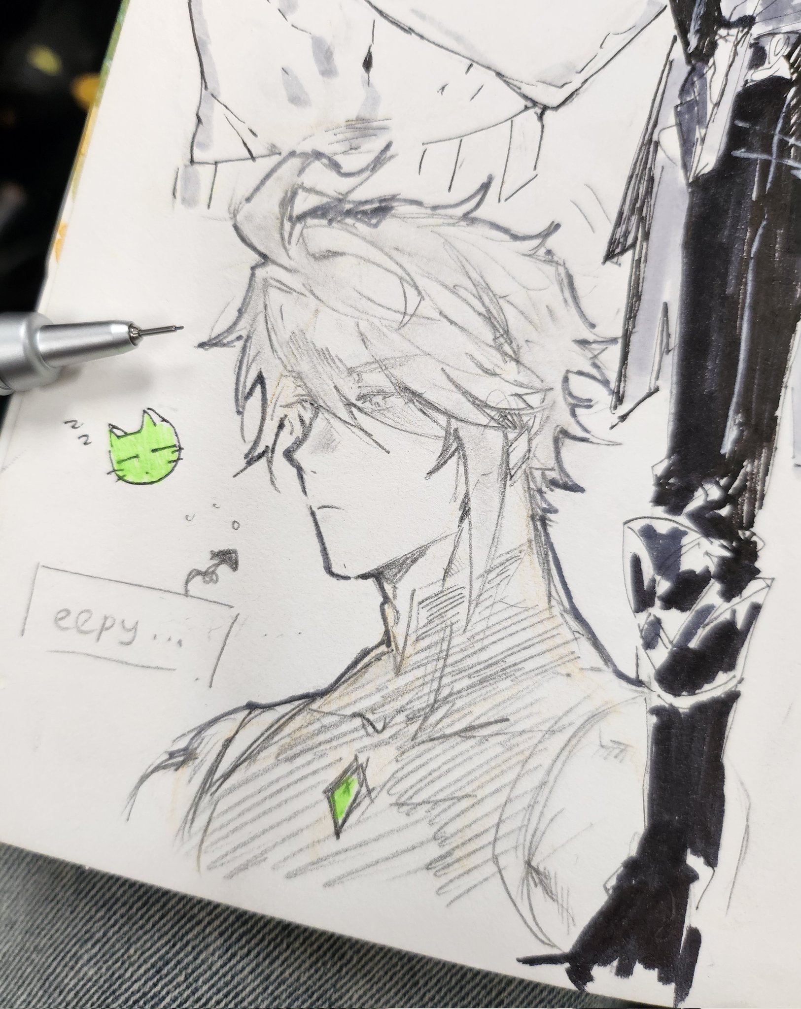 this is a drawing of a young man with long green hair and a green symbol on his chest.  he's wearing a shirt with a collar. he is looking at something just outside of the frame. the drawing appears to be done in pencil and black ink, with light green highlights added to the hair and symbol. the man is standing in front of a figure wearing black clothing. the back of the paper appears to be lined paper, with some notes and doodles on it.