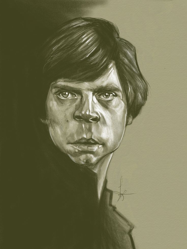 a drawing of luke skywalker from star wars, with a slightly caricatured style. the portrait is focused on his face and the upper part of his chest, rendered in shades of brown and tan. a deep shadow casts across the left side of the image.