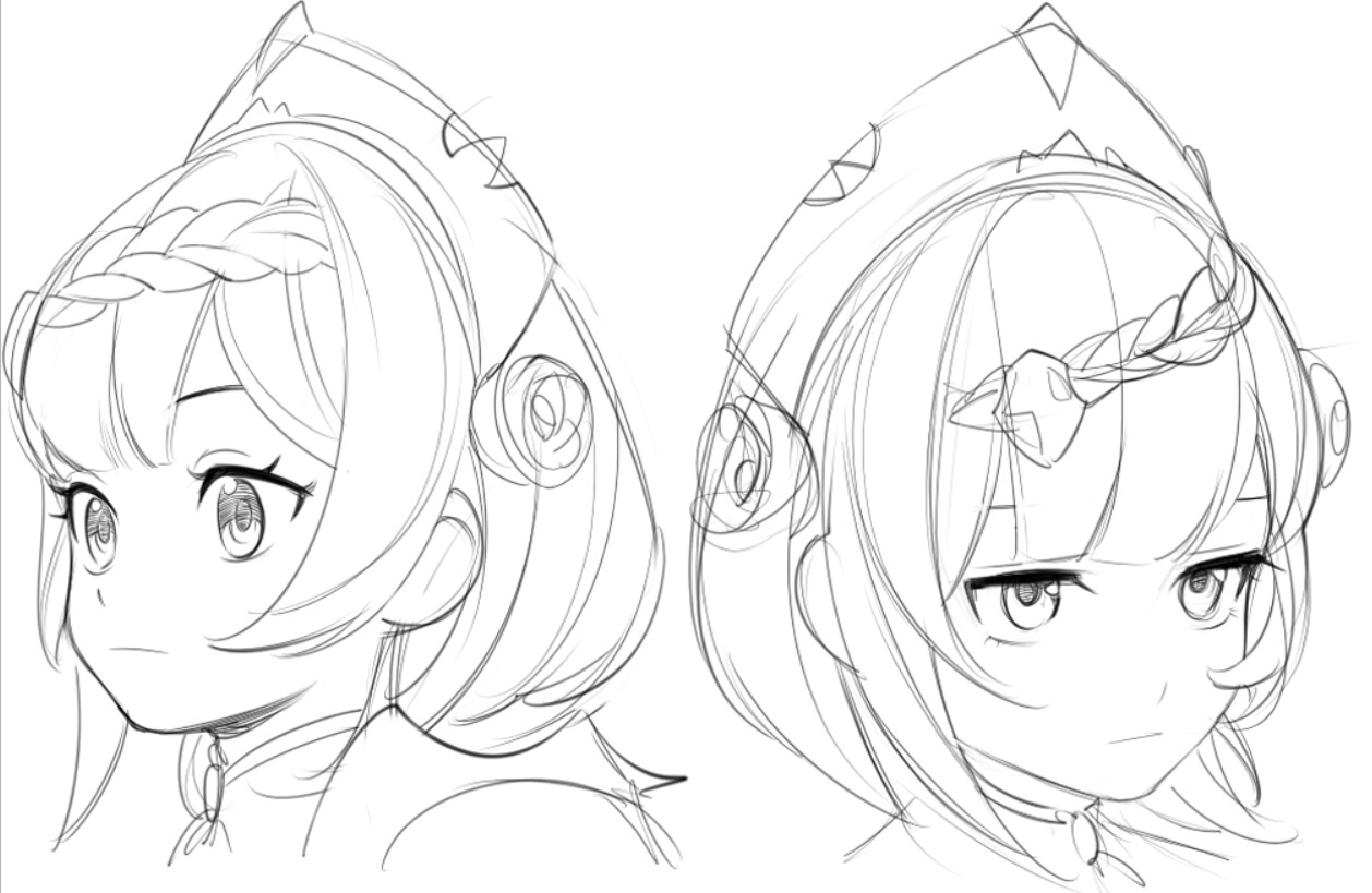 the image consists of two sketches of the same anime girl's face, drawn in black and white. the girl has short hair styled with a braid and decorative headband. her expression is neutral, with her eyes open wide in both sketches.