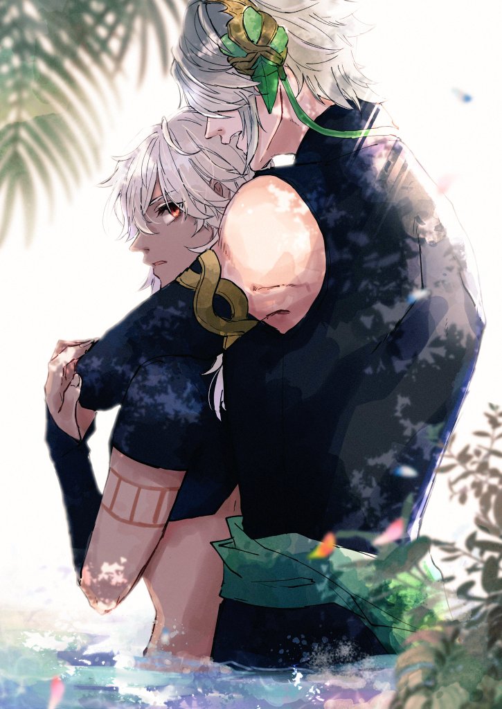 two men in an embrace in the water. the man in the back has long white hair and is holding the man in the front from behind. the man in the front has short white hair and his eyes are closed. both men are wearing dark clothing. they are surrounded by palm trees and the water is blue.  a flower is in the man in the back's hair. the background is a mix of blue and green, with a lot of light from the setting sun.