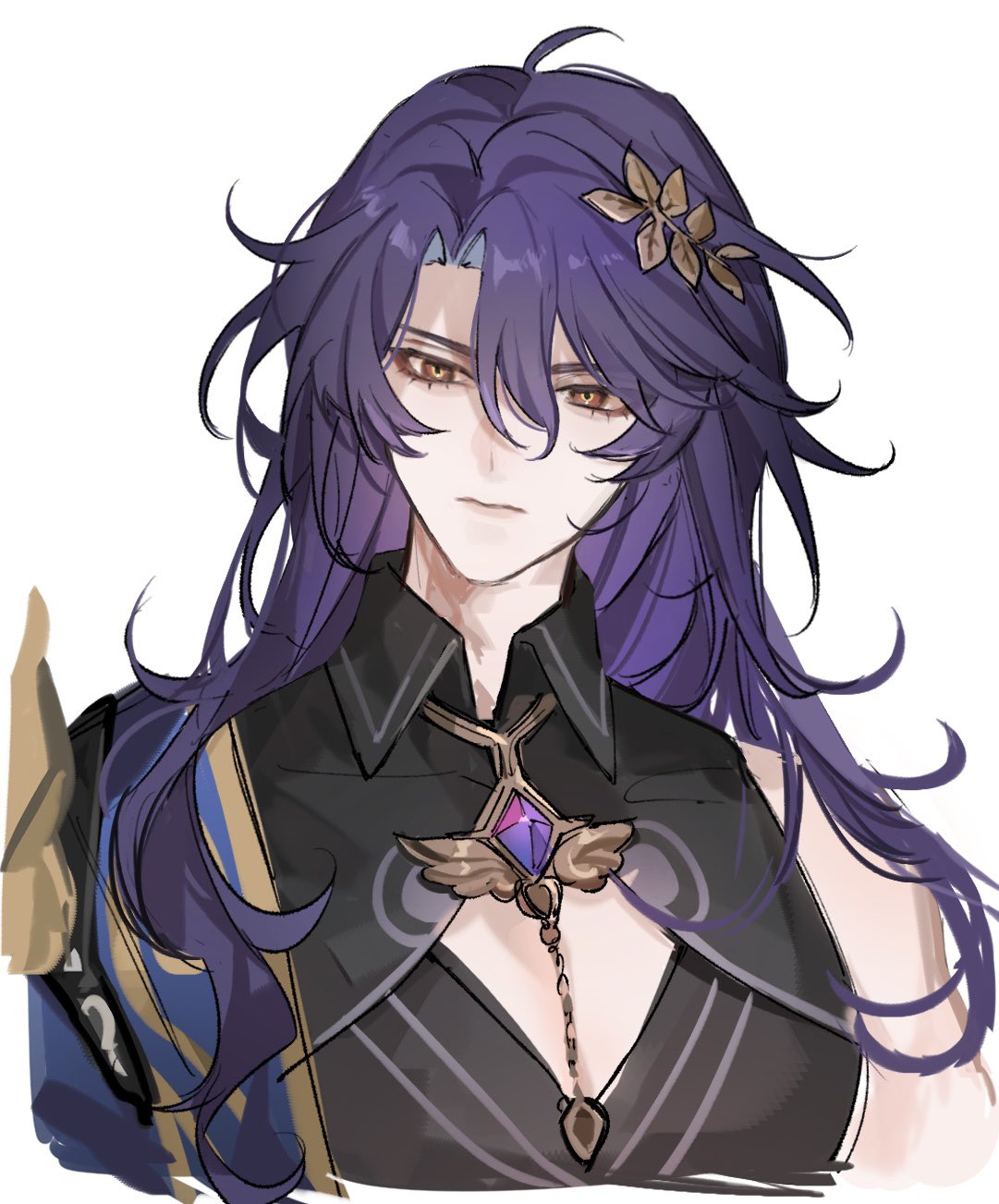 the image is a stylized digital fanart depicting scaramouche (wanderer) from genshin impact. he is portrayed as a young man with long, flowing purple hair adorned with a small, ornate flower accessory.  he wears a dark, elegant outfit with gold accents and a prominent necklace featuring a gemstone. the art style is soft, with muted colors and a slightly sketchy quality, giving it a painterly feel. the focus is on scaramouche's face and upper body, presented as a closeup portrait. the background is simple and mostly white, drawing all attention to the character.