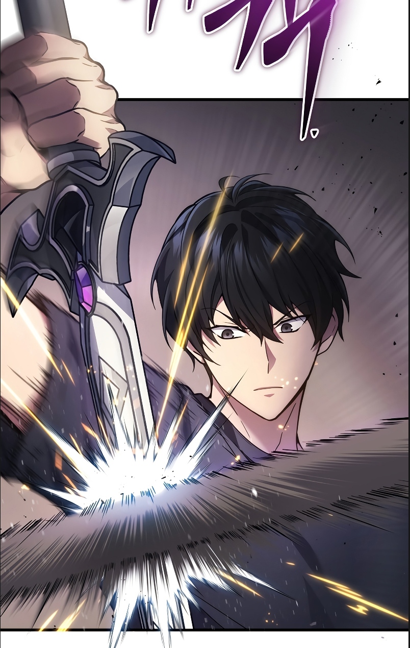 a young man with black hair and a determined expression plunges a glowing sword into a dark surface. the scene is filled with bright sparks and streaks of light, suggesting a magical impact.  the setting appears to be dark and possibly underground, hinting at a dungeon or similar environment.