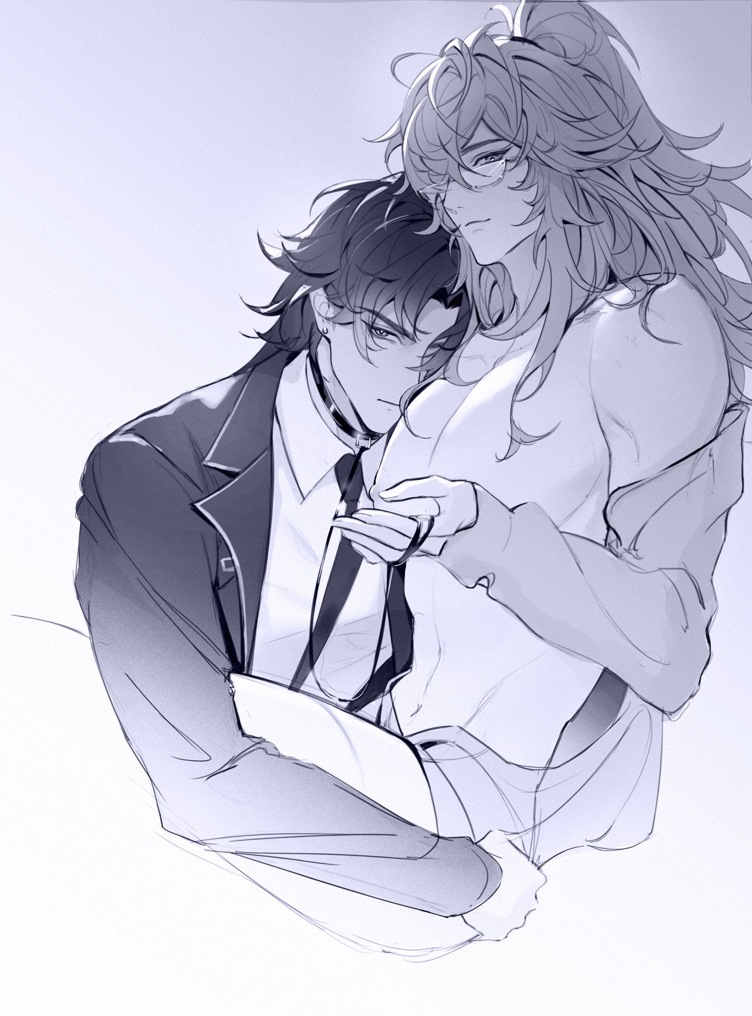 a digital art piece of an anime couple in a romantic embrace. the male character is dressed in a suit and tie, the female character is dressed in casual clothes, both look lovingly at each other. the artwork has a soft blue monochrome color palette and is illustrated in a clean, detailed style.