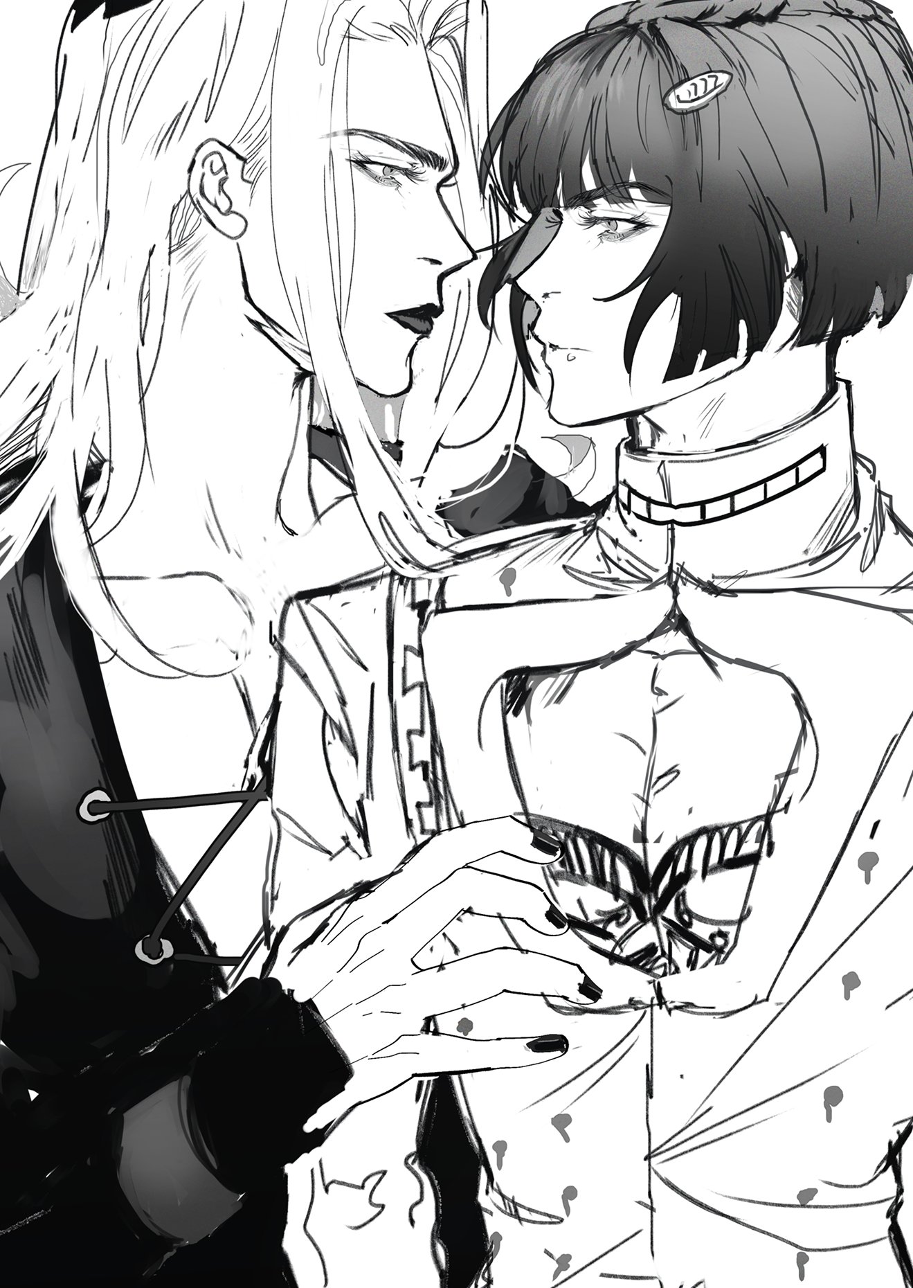 a black and white anime illustration of a couple embracing. they are both drawn in a realistic style, with expressive features and detailed clothing. the man is on the left, with long blonde hair and a black jacket. the woman is on the right, with short black hair and a white shirt. they are close together, their bodies pressed against each other, and their hands interlocked. the man's head is resting against the woman's shoulder, and she is looking at him with a tender smile. the background is simple, with only a few lines suggesting the outline of their bodies. the overall impression is one of love, intimacy, and passion.