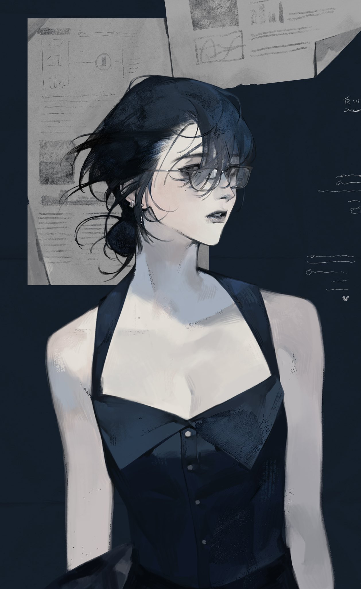 a digital illustration of an anime girl with black hair and blue eyes. she is wearing a black dress and glasses. the background is dark blue with white paper and a faint hint of text on the right side of the image.