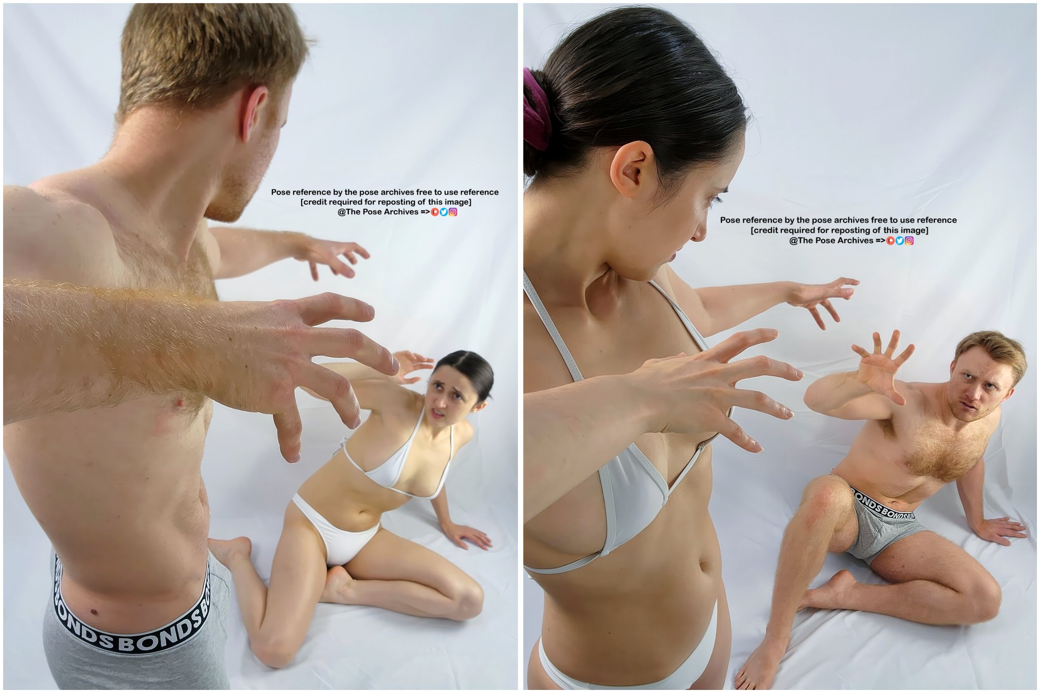the image is a pose reference photo showing two models demonstrating a fighting pose. one model is a male, and the other is a female. the male is in the foreground and the female is in the background. the male is grabbing the air and the female is reacting. the image is free to use for artistic purposes with proper credit.