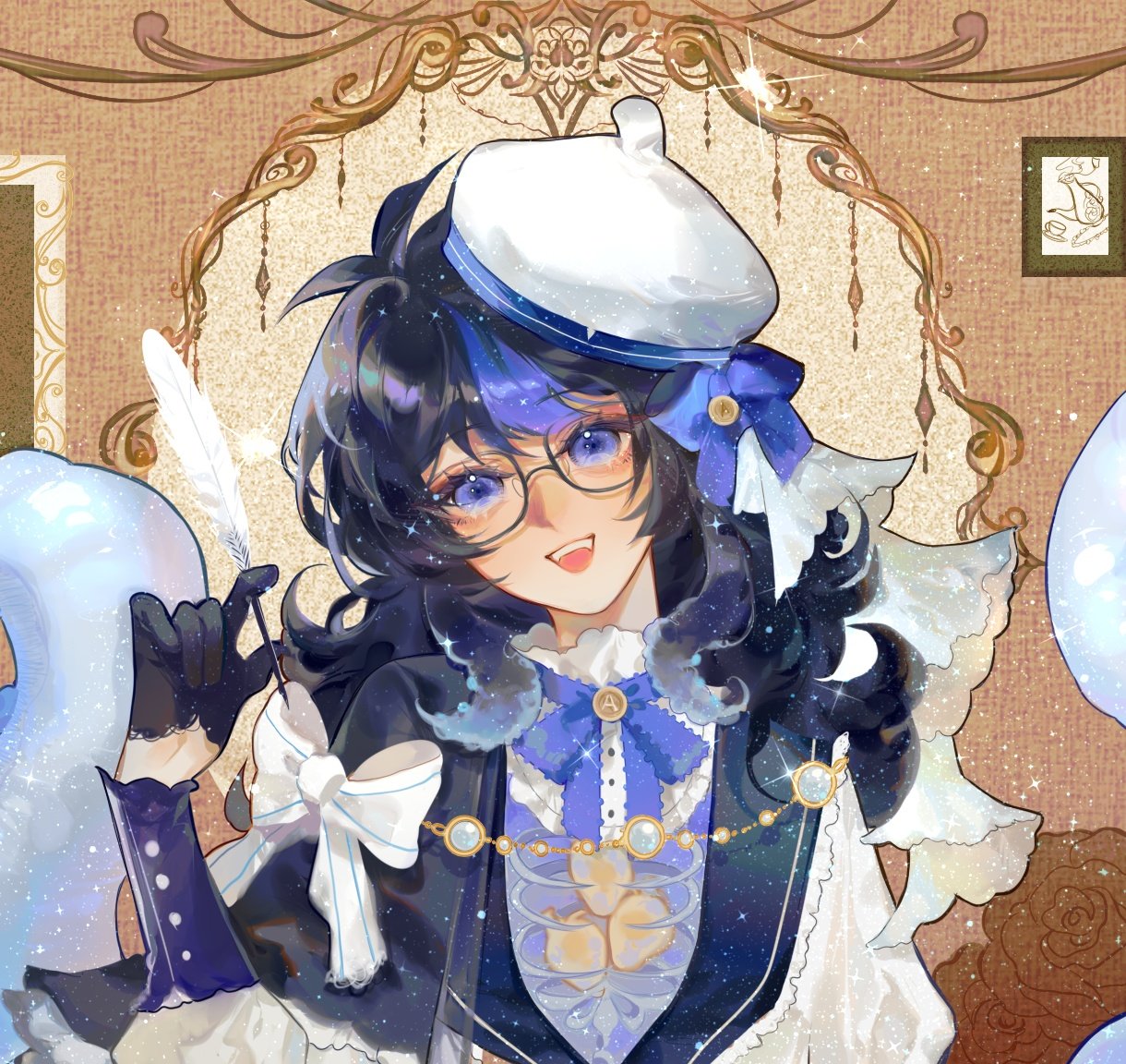 the image is a digital painting or illustration of a young animestyle female character. she has dark blue hair with lighter blue highlights, styled with bangs and loose curls framing her face. she's wearing a white sailor hat with a blue ribbon, round glasses, and an elegant, somewhat victorianinspired outfit in shades of blue and white with lace and pearl details.  the dress features a bow at the collar and a pearl necklace. she holds a quill pen, suggesting a writer or scholar.  the background is a soft, pasteltoned room setting with ornate detailing, reminiscent of vintage or antique styles.  there's a subtle, celestial or starry effect in her hair and clothing. the overall style is cute and elegant with a magical girl feel.