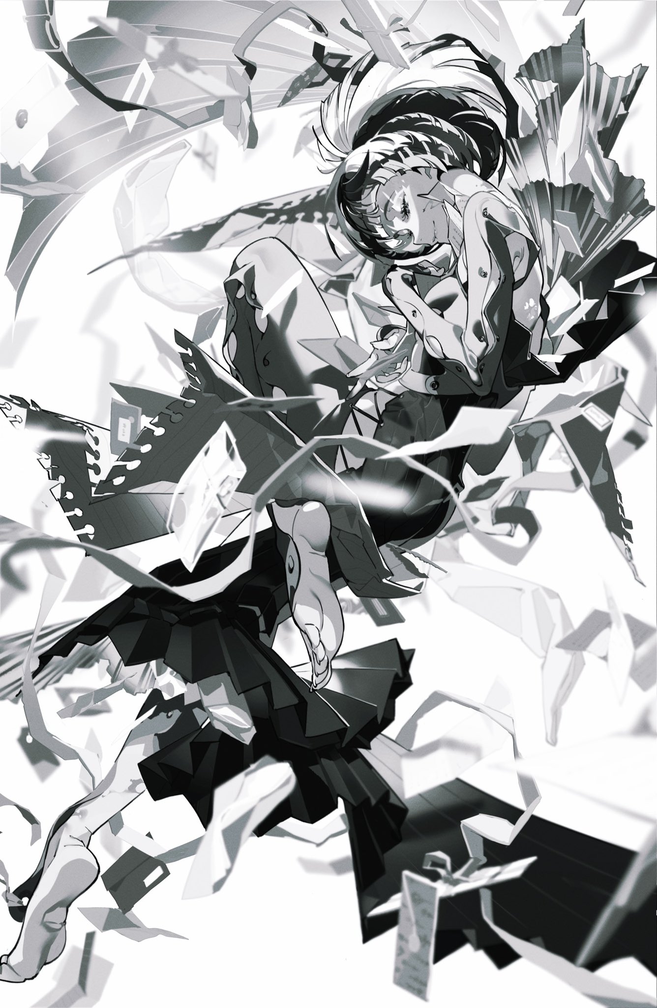 the image showcases a young woman with short, dark hair tied in a high ponytail, plummeting through the air amidst a chaotic whirlwind of shattered debris.  her pose suggests a sense of vulnerability and resignation, perhaps unconsciousness, as her body is limp and her eyes are closed. she bears visible scars and markings on her skin, hinting at a past struggle or trauma. the monochrome palette enhances the drama and impact of the scene, creating a sense of urgency and despair. the fragmented, abstract background adds to the overall feeling of chaos and destruction, further emphasizing the precariousness of her situation.