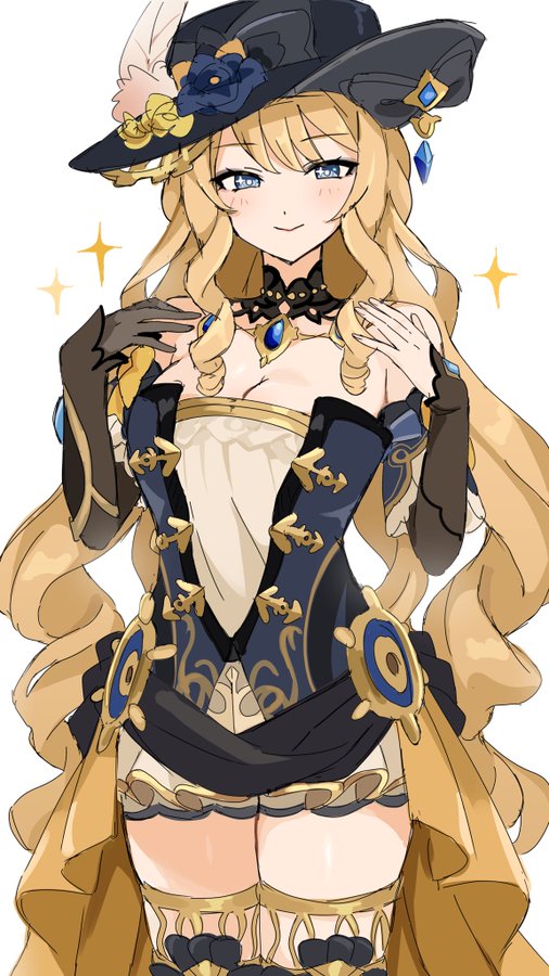 the image is a digital illustration of a young woman with blonde hair and blue eyes, wearing a fancy black and gold corset dress. she has a smile on her face and is looking directly at the viewer. she is wearing a black hat with a white feather and a gold accent. she is holding a piece of her dress with her hand, and she has her eyes closed. her long, blonde hair flows behind her. the background is a white solid color. the illustration is done in a colorful and vibrant style, with soft shading and details.