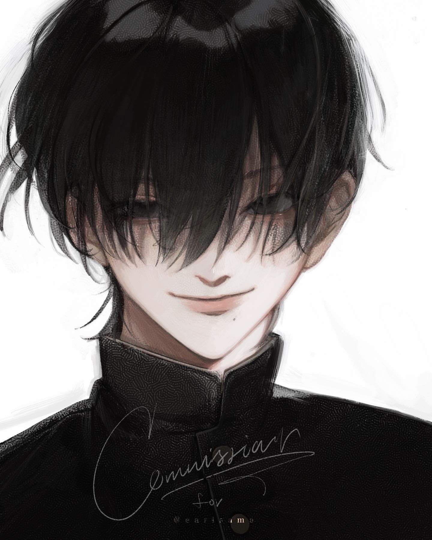 the image is a digital illustration of an animestyle boy. he has dark, straight hair that covers most of his forehead with bangs. he's wearing a darkcolored, collared school uniformstyle jacket.  his expression is a subtle smirk or a hint of a smile, giving a slightly mysterious air. the art style is realistic but retains the characteristic features of anime, with soft shading and attention to detail in the hair and facial features.  an artist's signature and commission information are present on the lower portion of the image. the overall color scheme is grayscale with subtle variations of dark and light tones.