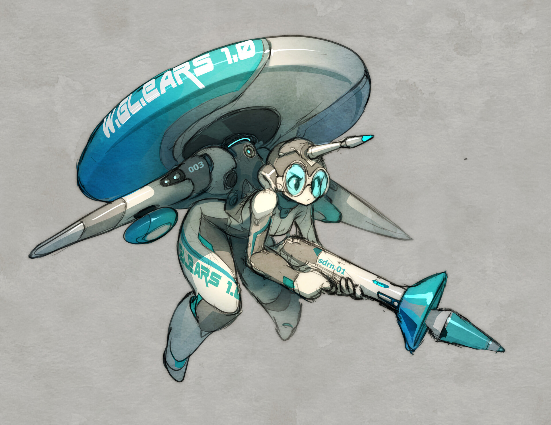 this is a detailed illustration of a robot pilot in a futuristic mech aircraft, wearing a helmet, holding a weapon. it is drawn in a cartoon style, with a light grey background and a detailed, dynamic design of the mech. the mech has the word "mglears 1.0" on its side, and the pilot is holding a weapon with the inscription "sdrm.01".
